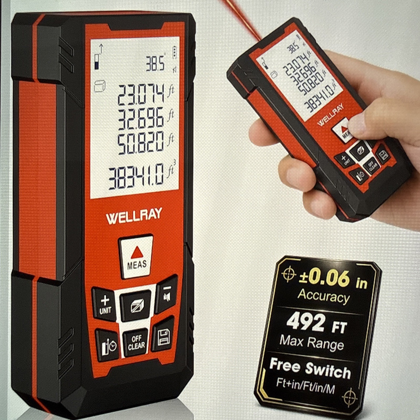 Wellray 492Ft/150M Handheld Laser Range Finder Distance Measure Meter