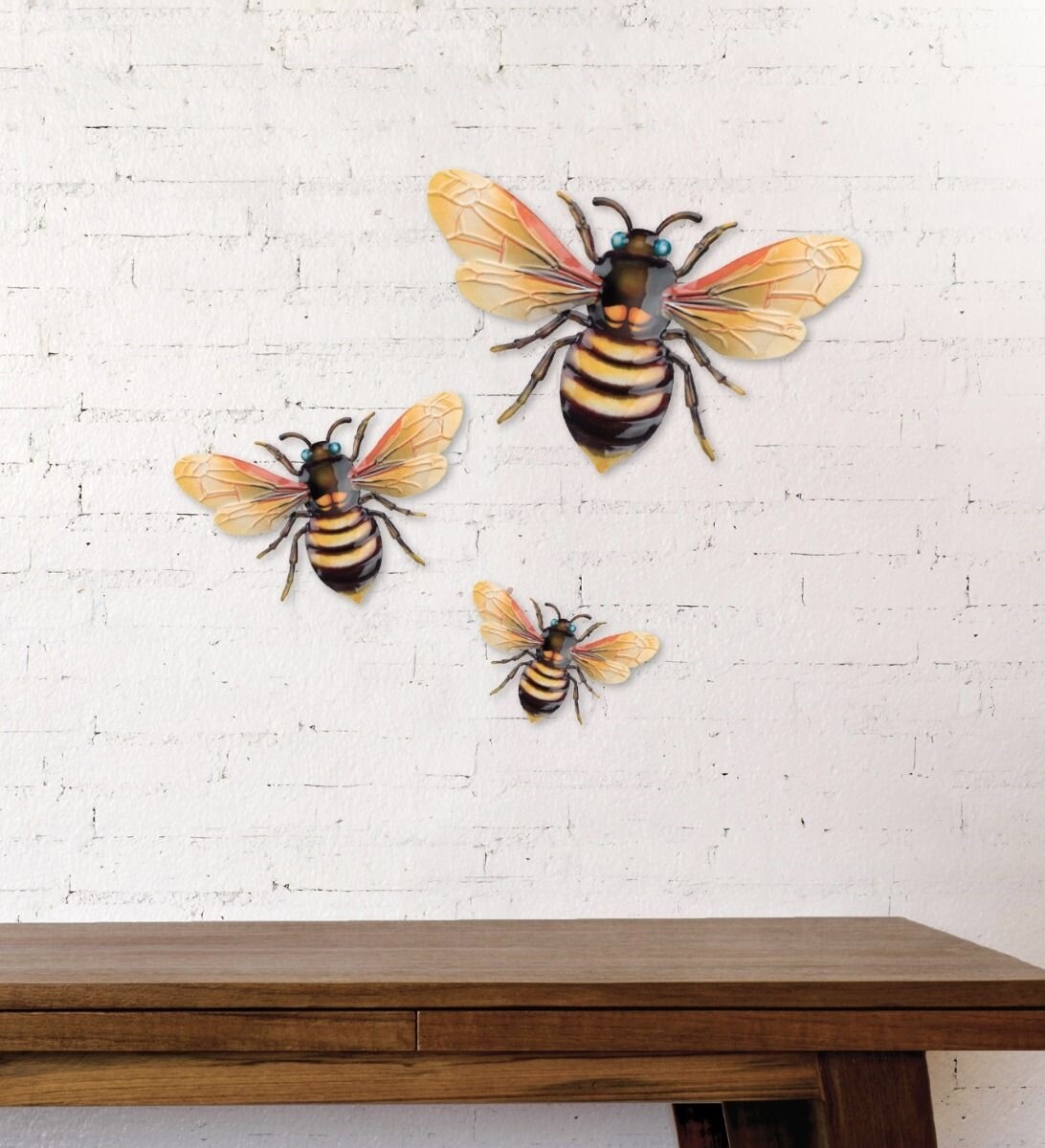 Bumble Bee Hanging Wall Art Garden Decor Honey Bees Outdoor Indoor ~ Set Of 3