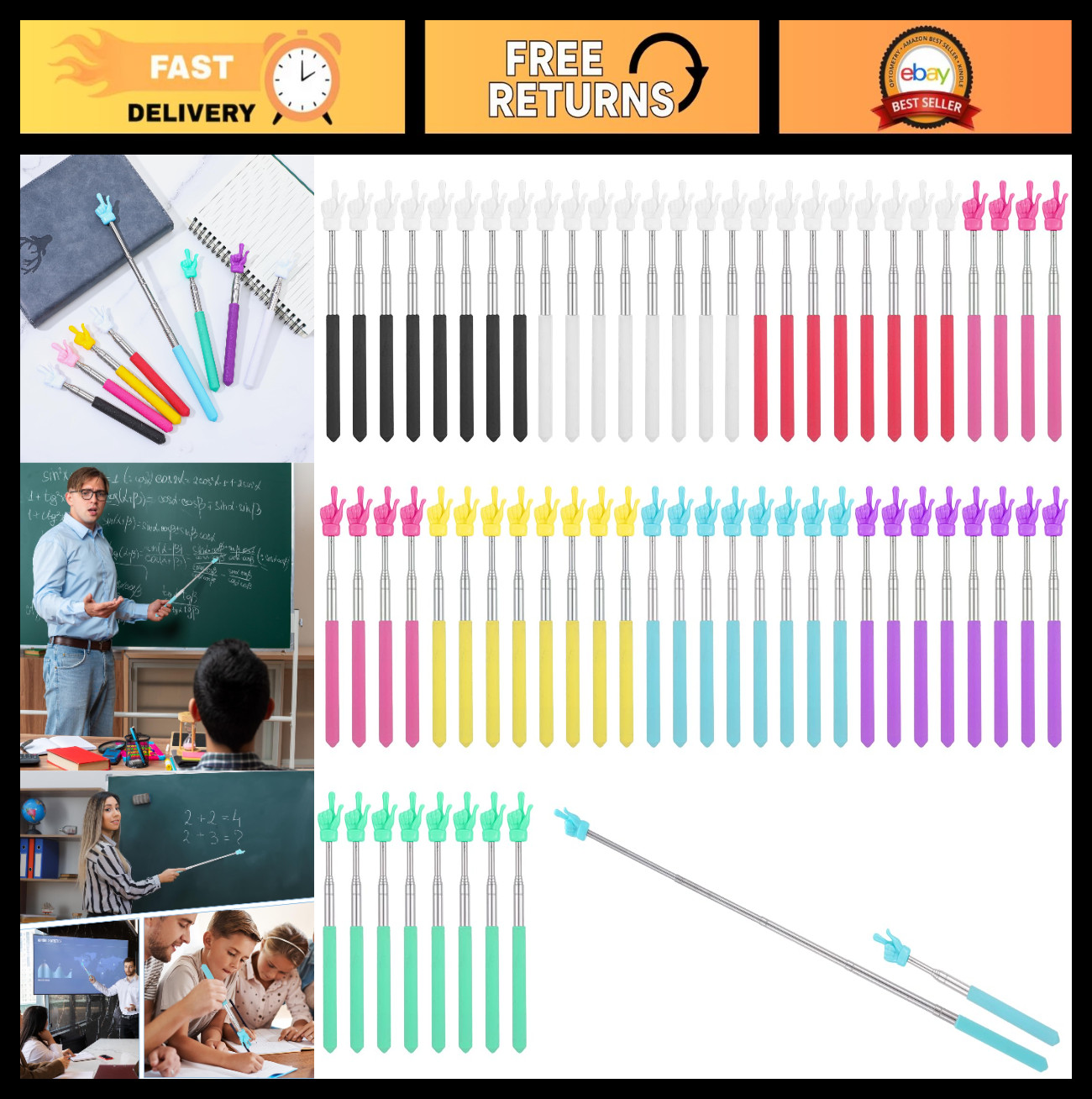 64 Pack Extendable Teacher Pointer Sticks – Classroom Essentials, 8 Colors, Mult