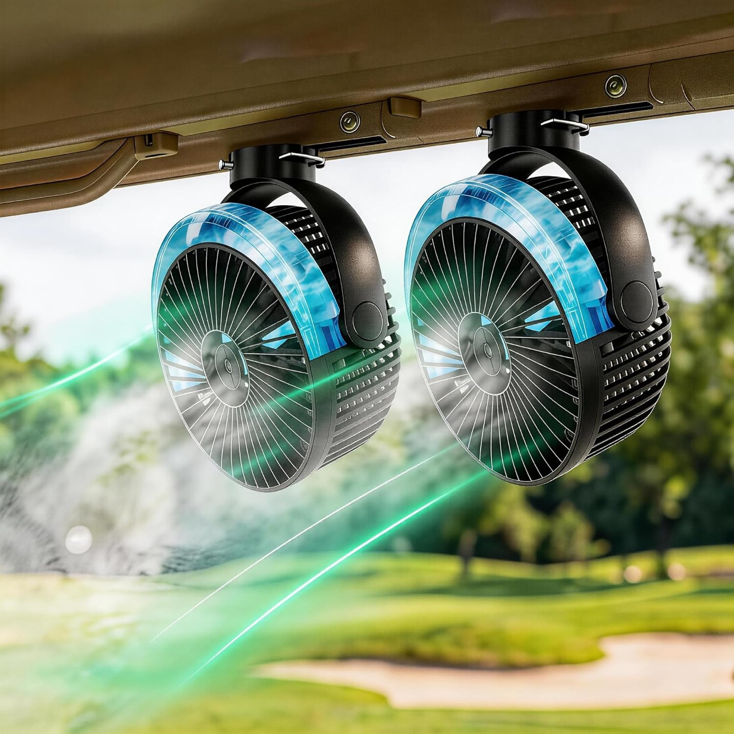 2-Pack Magnetic Golf Cart Misting Fan with Heavy-Duty Strap, 12000Mah Battery Op