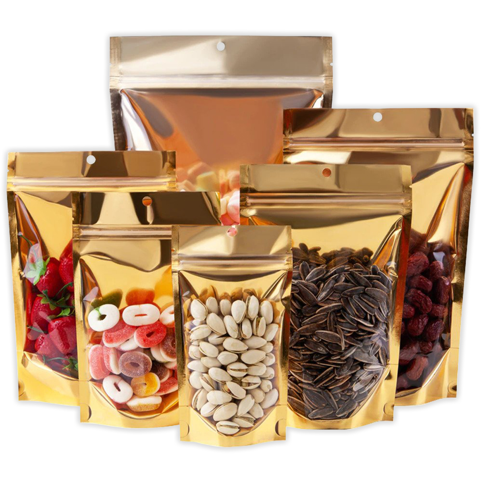 50/100/500 Gold Mylar Foil Clear Window Resealable Stand Up Bags Zipper Pouch