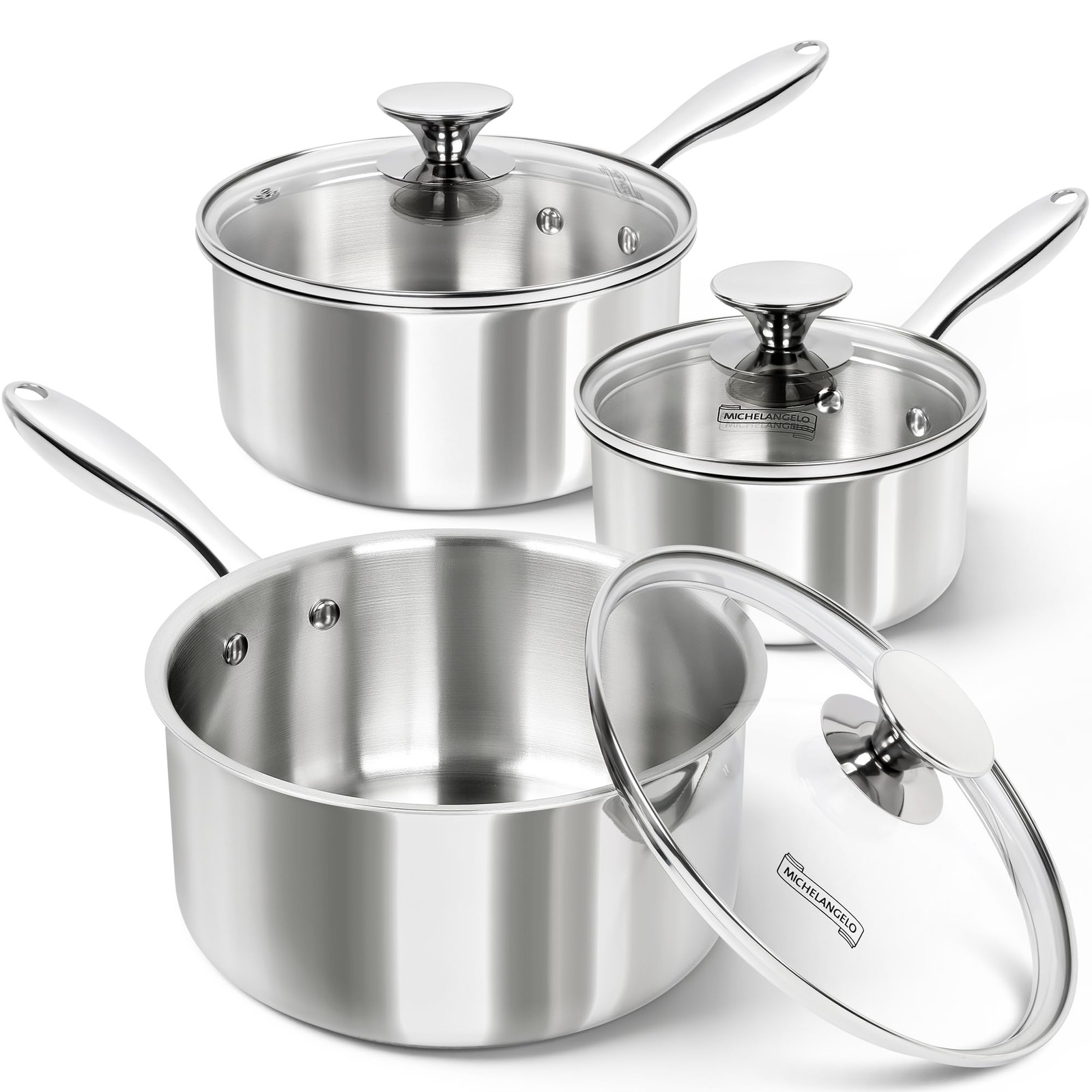 6 Piece Triply Stainless Steel Saucepan Set With Lids 1QT 2QT And 3QT Kitchen…