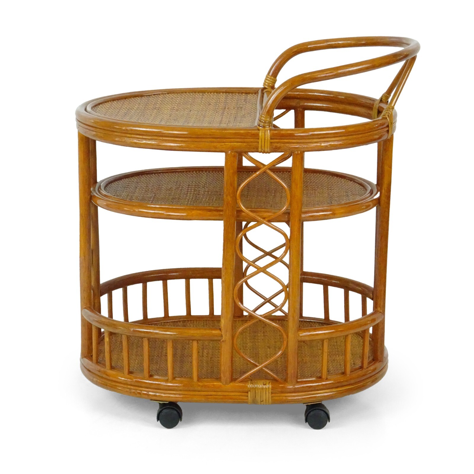 Trolley Handmade Rattan Wicker Serving Moving Cart w/Wheels, Woven Bar Table