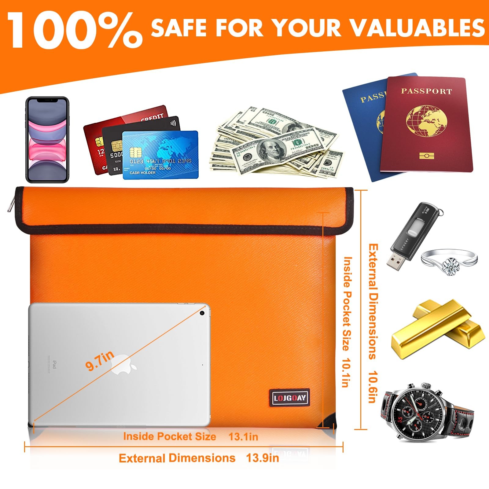 Orange 13.9×10.6 Inch Fireproof Bag 5200 Thermal Insulated Waterproof Box