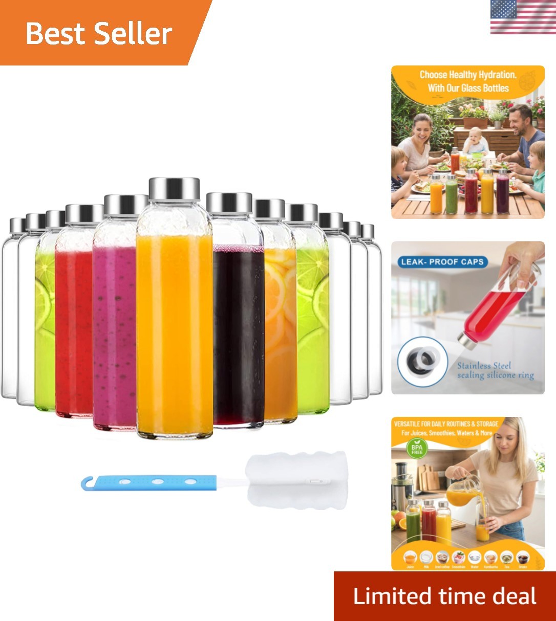 Elegant 18 oz Clear Glass Bottles with Airtight Lids – Dishwasher Safe Set of 12