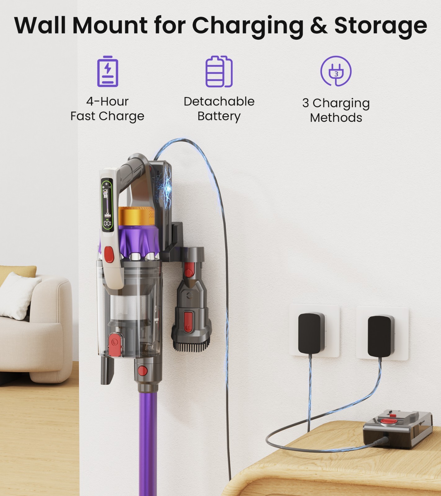 Hompany Cordless Vacuum Cleaner Self-Standing Stick 55Kpa 70min Lightweigh 650W