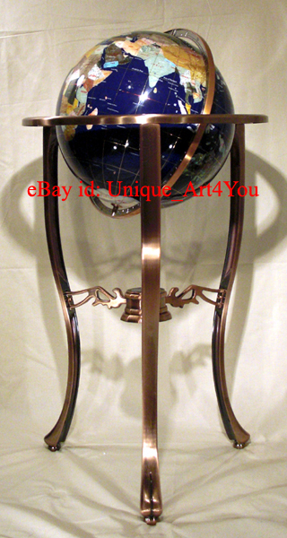 36″ Tall Blue Lapis Gemstone World Globe with Tripod Copper Floor Stand w 50ST