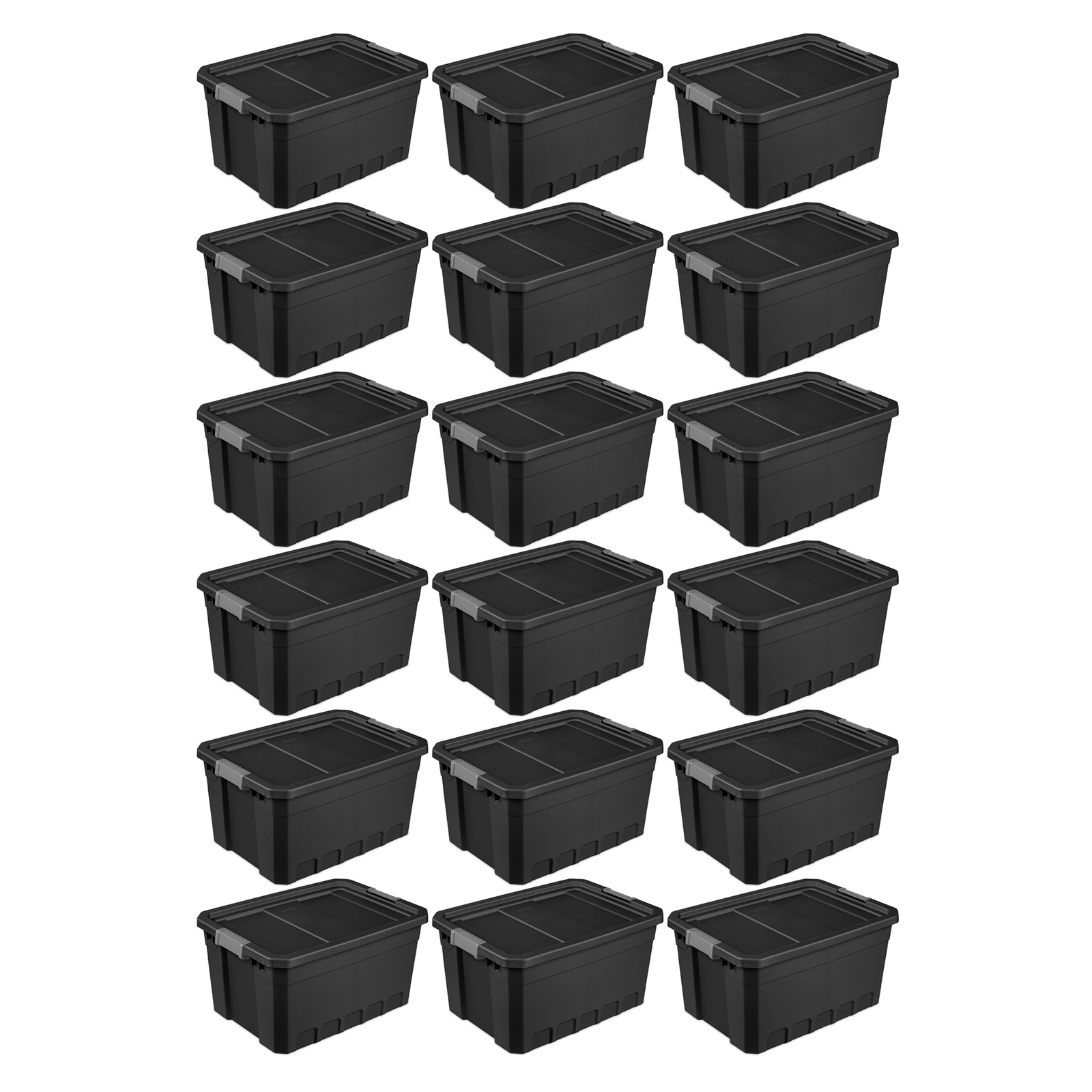 Sterilite 19 Gal Rugged Industrial Stackable Storage Tote w/ Lid, Black, 18 Pack