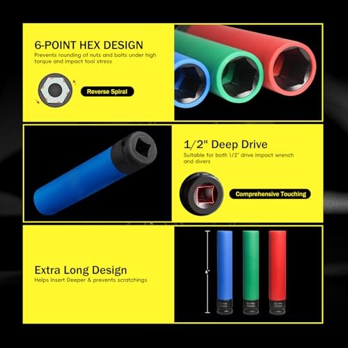3 PCS Extra Long Lug Nut Socket Set, 1/2″ Drive Impact Sockets, 17mm 19mm 21mm