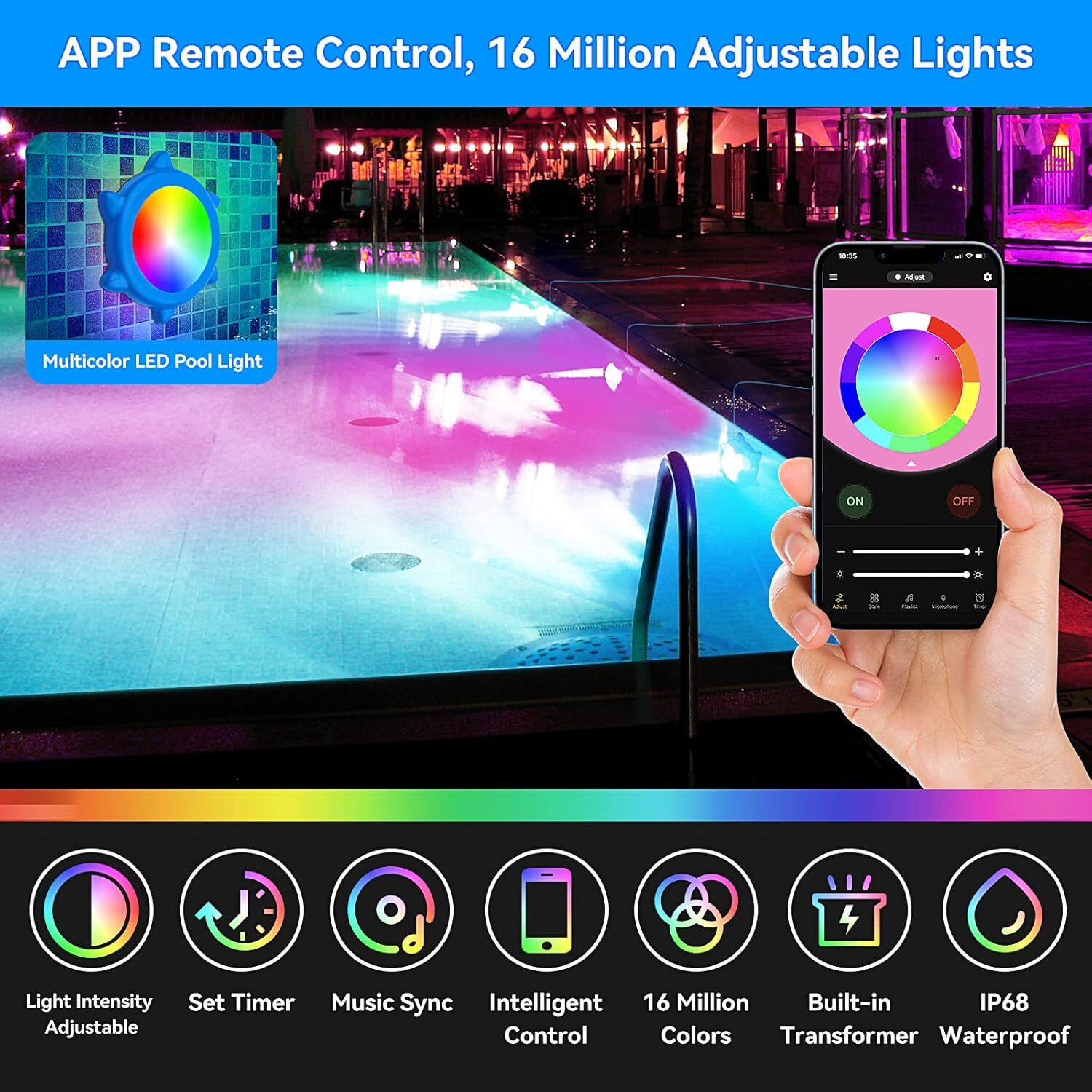 Submersible LED Light with APP Control Music Sync Color Changing 12V Pool Light