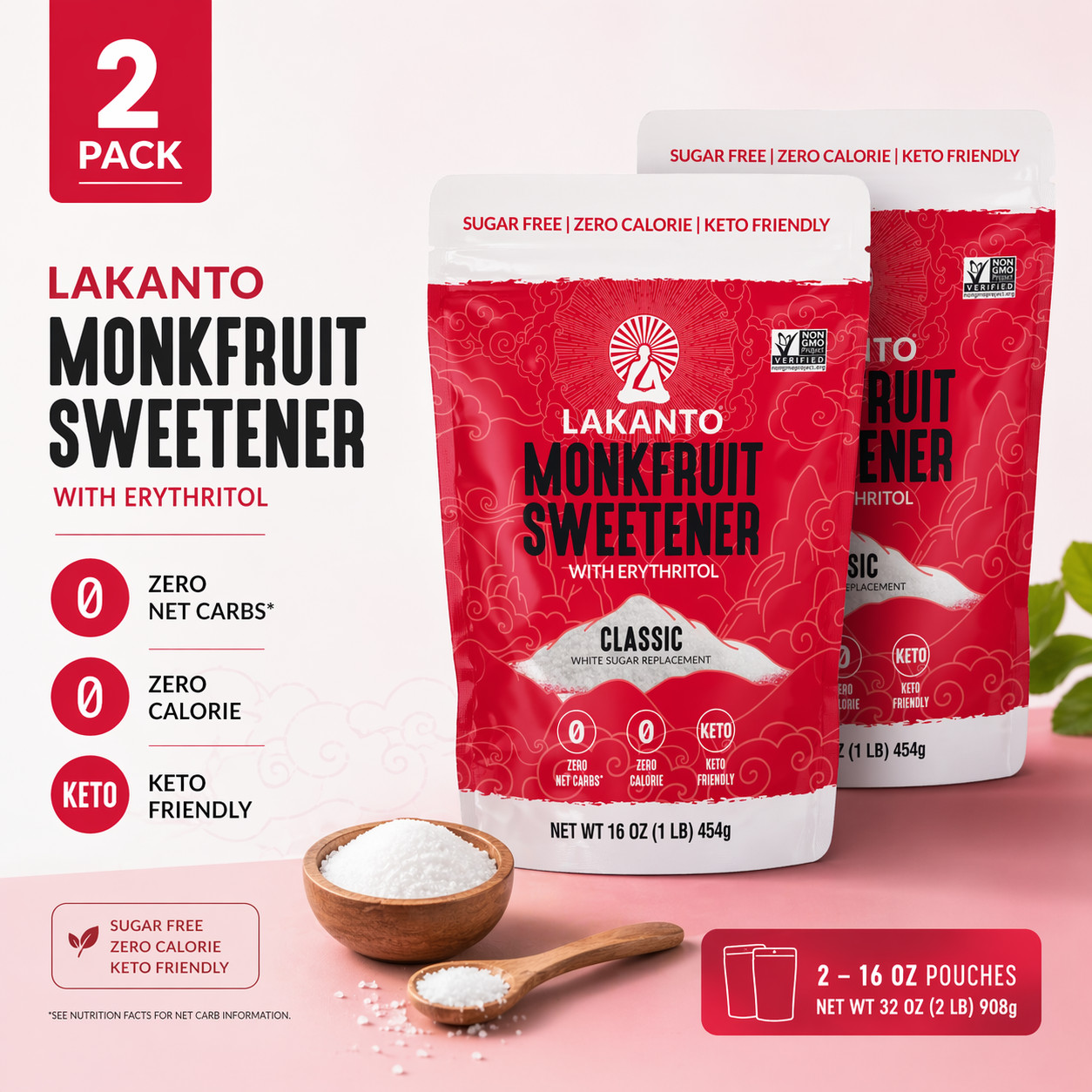 Lakanto Classic Monk Fruit Sweetener with Allulose, 1 lb, 2 Count