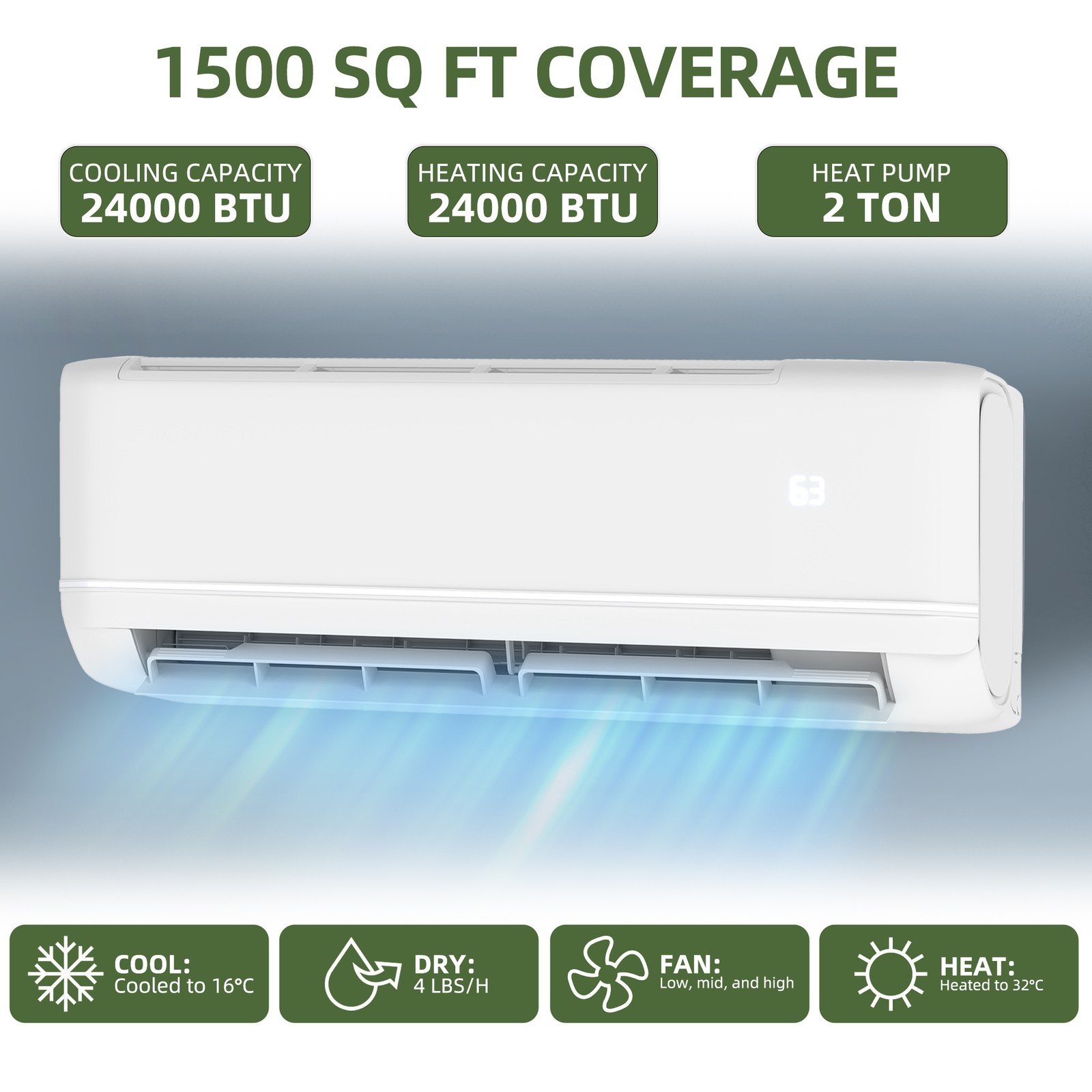 24000 BTU Mini Split Air Conditioner Heat Pump System 220V Up to 1500 Sq. Ft