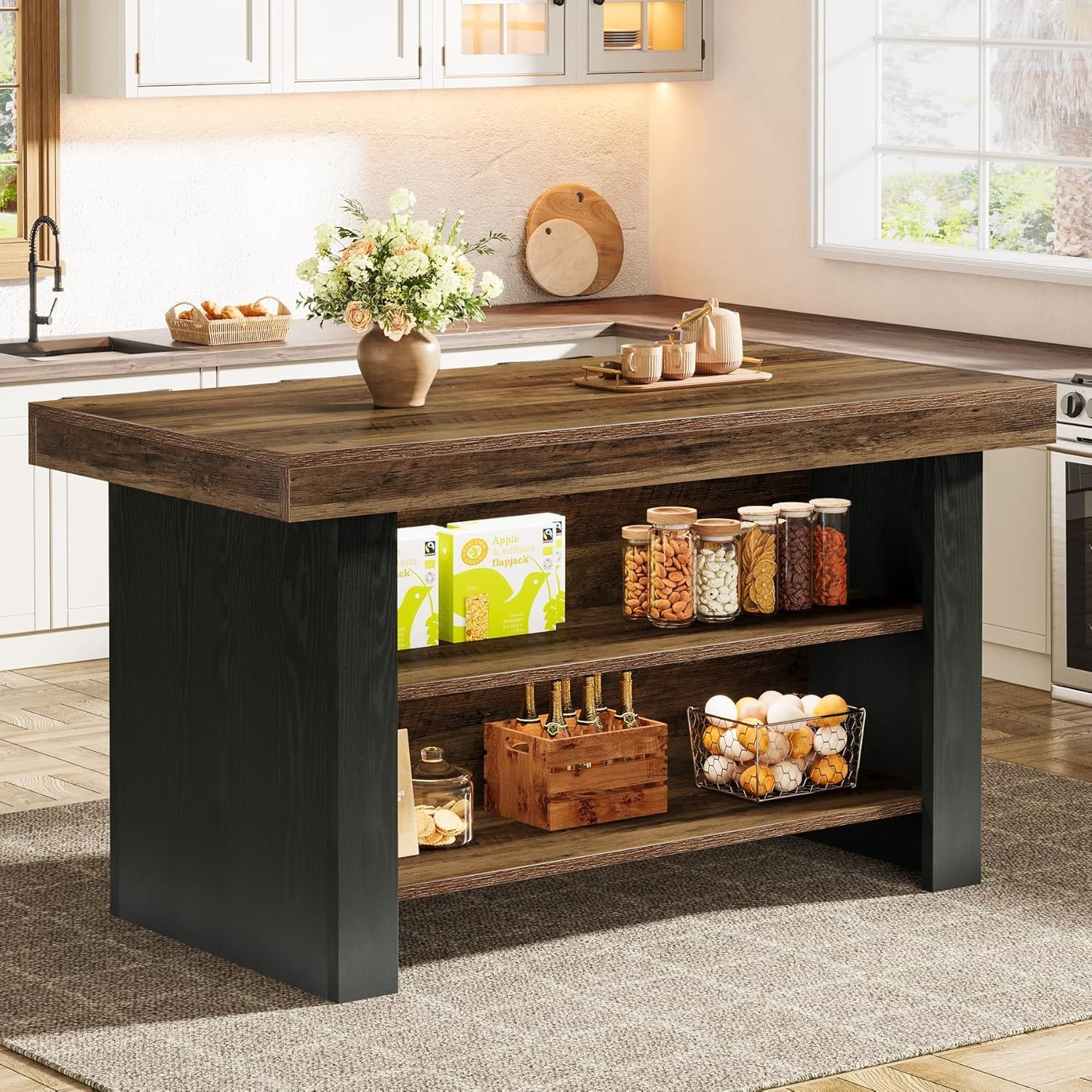 55-Inch Kitchen Island with Storage, Farmhouse Center Island Table for Kitchen