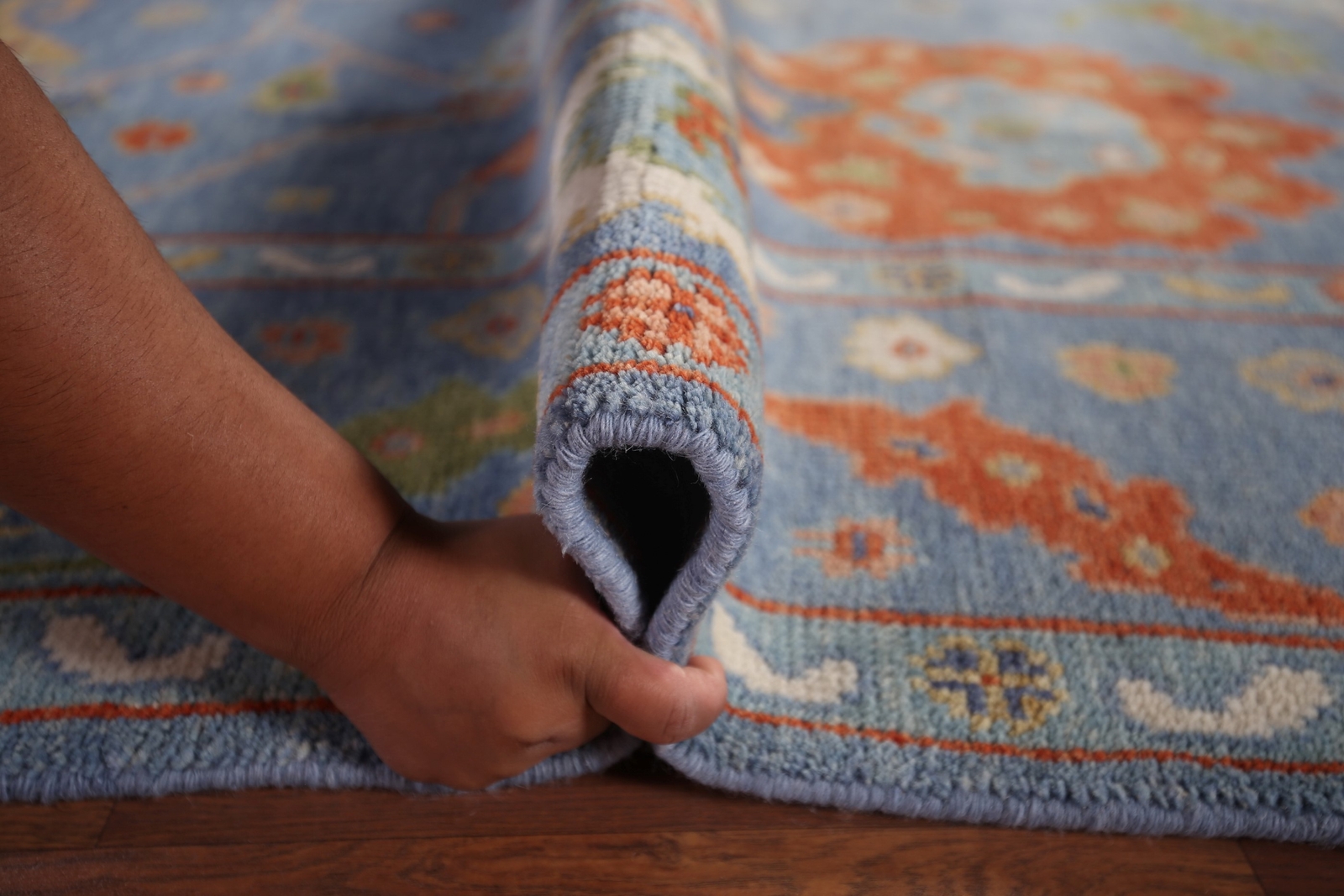 All-Over Pattern Blue Floral Oushak Oriental Rug 8×16 Handmade Wool Carpet