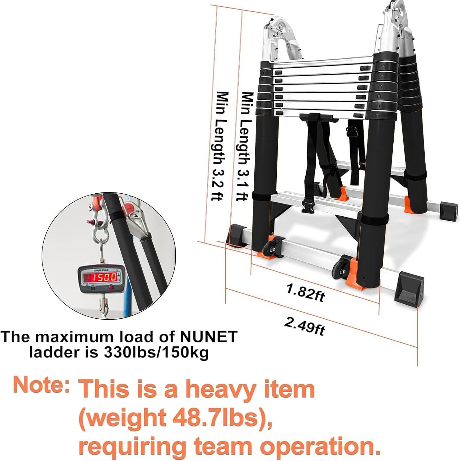 Telescoping Ladder A Frame, 20 Ft Compact Aluminum Extension Telescopic Step