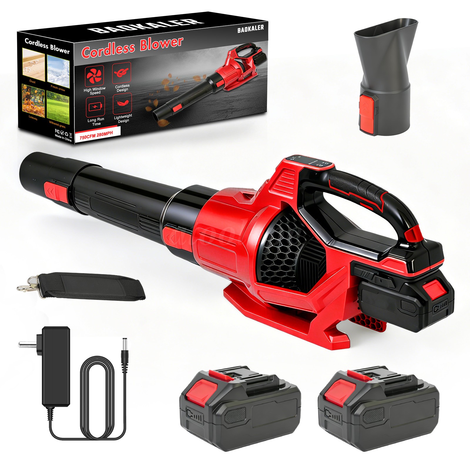 Cordless Leaf Blower 650CFM/280MPH & 3 Speed Levels Electric w/2 Batteries 6.0Ah