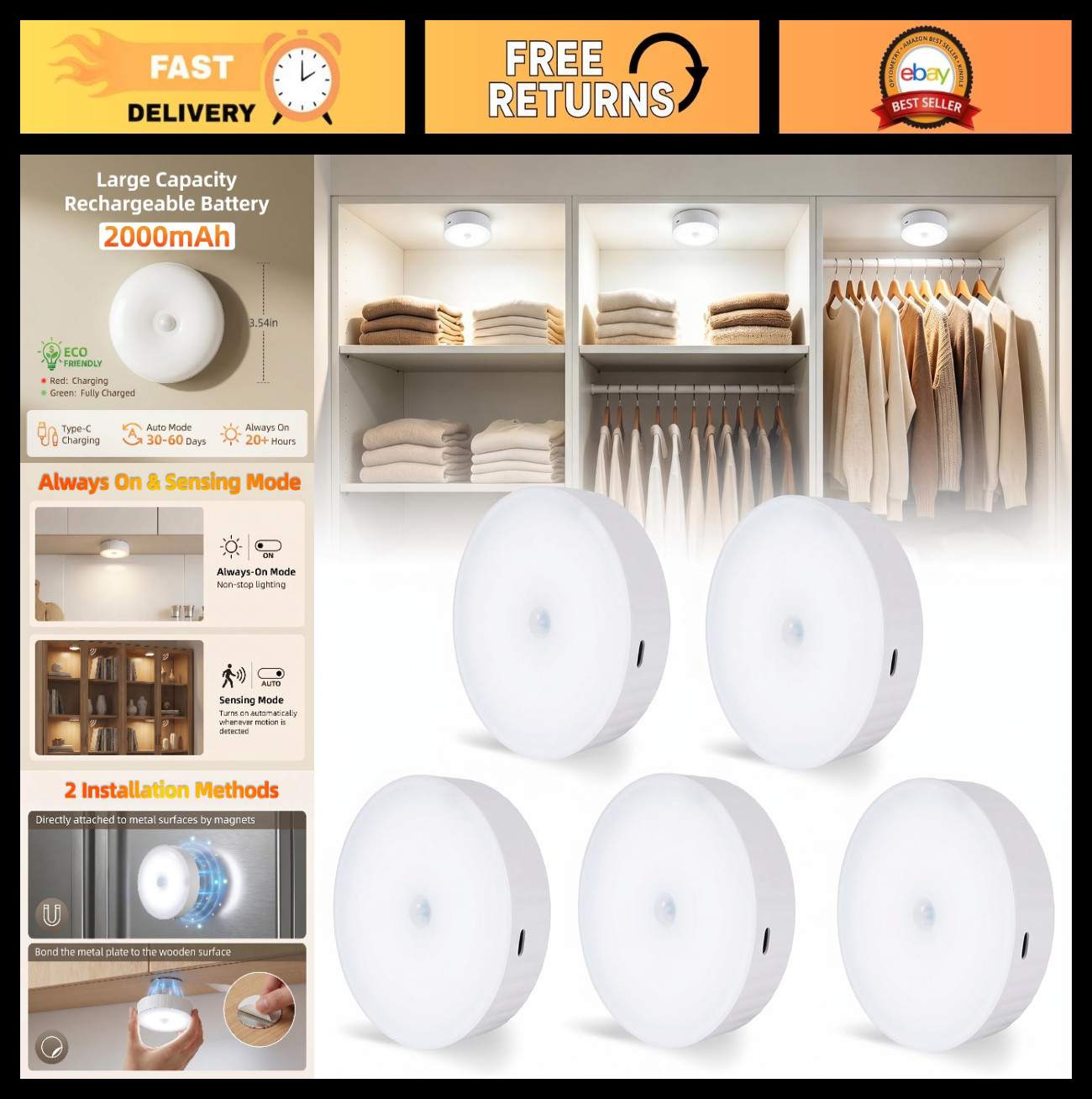 5-Pack 2000mAh Wireless Puck Lights – 3.5″ Cool White Closet Lighting Solutions