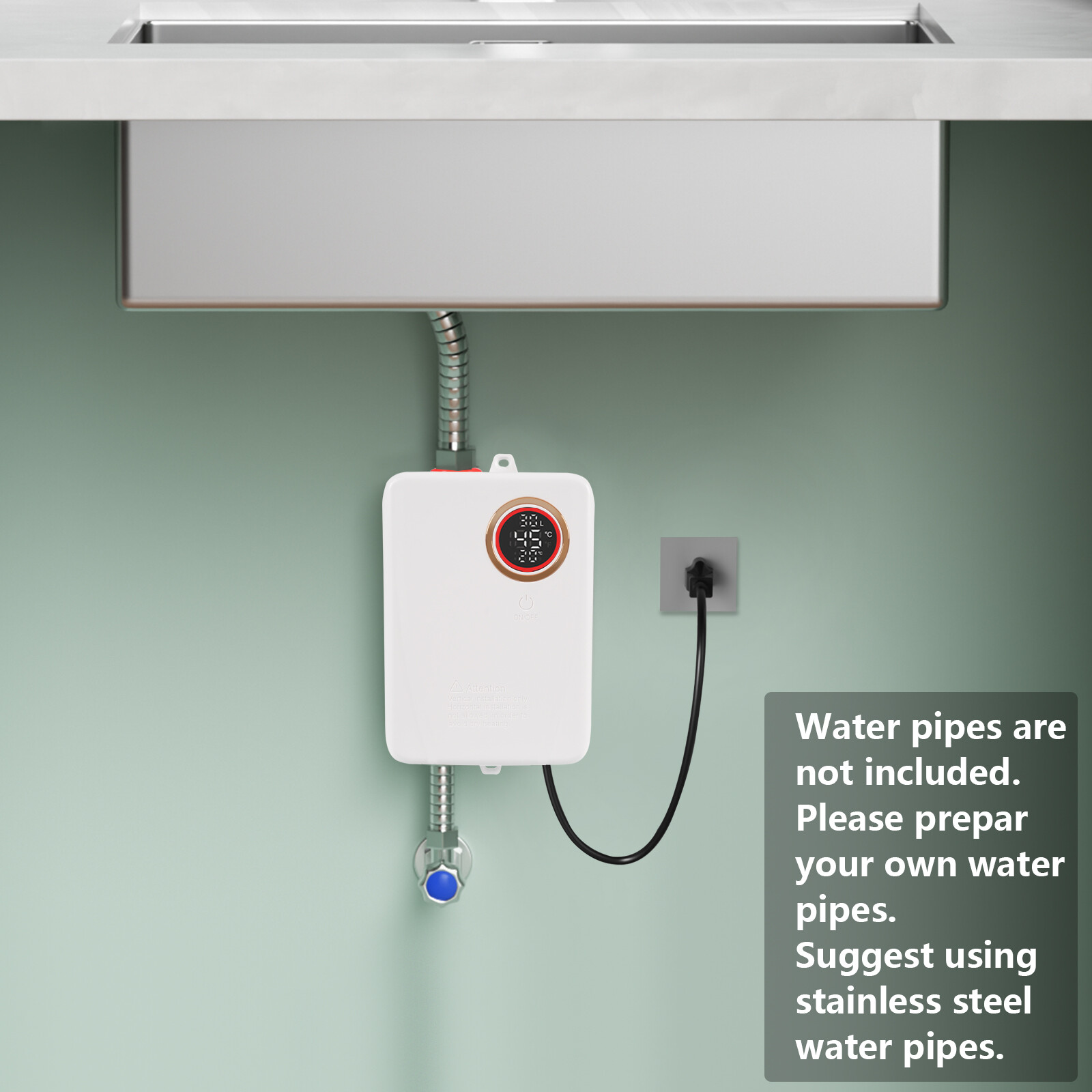 4.57*2.76*7.68in White 3000W ABS& 304 Stainless Electric Instant Water Heater