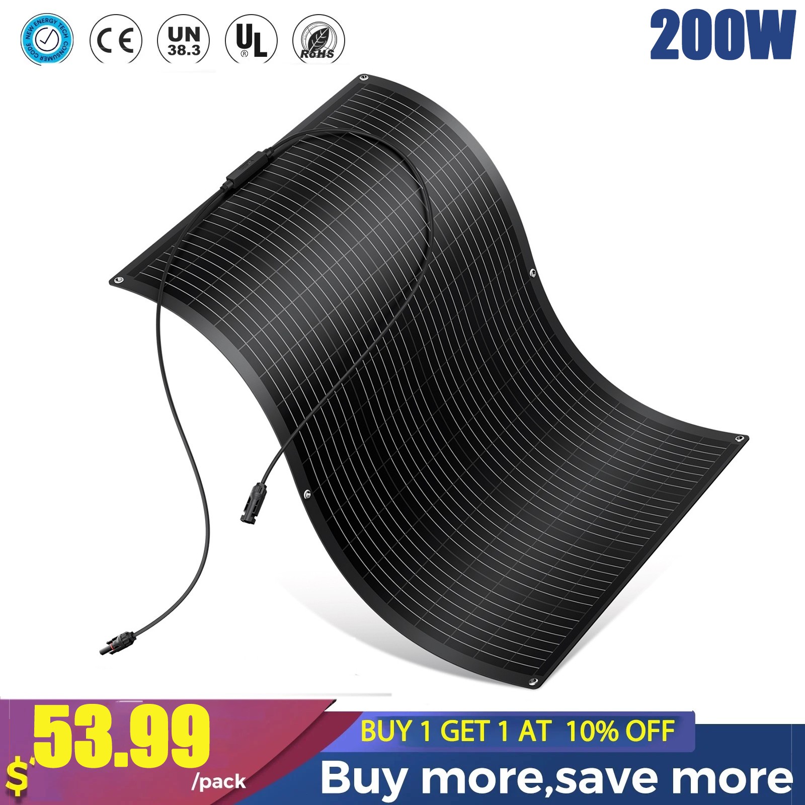 200W Flexible Mono Solar Panel 12V Power Portable Camping Home RV Battery Charge