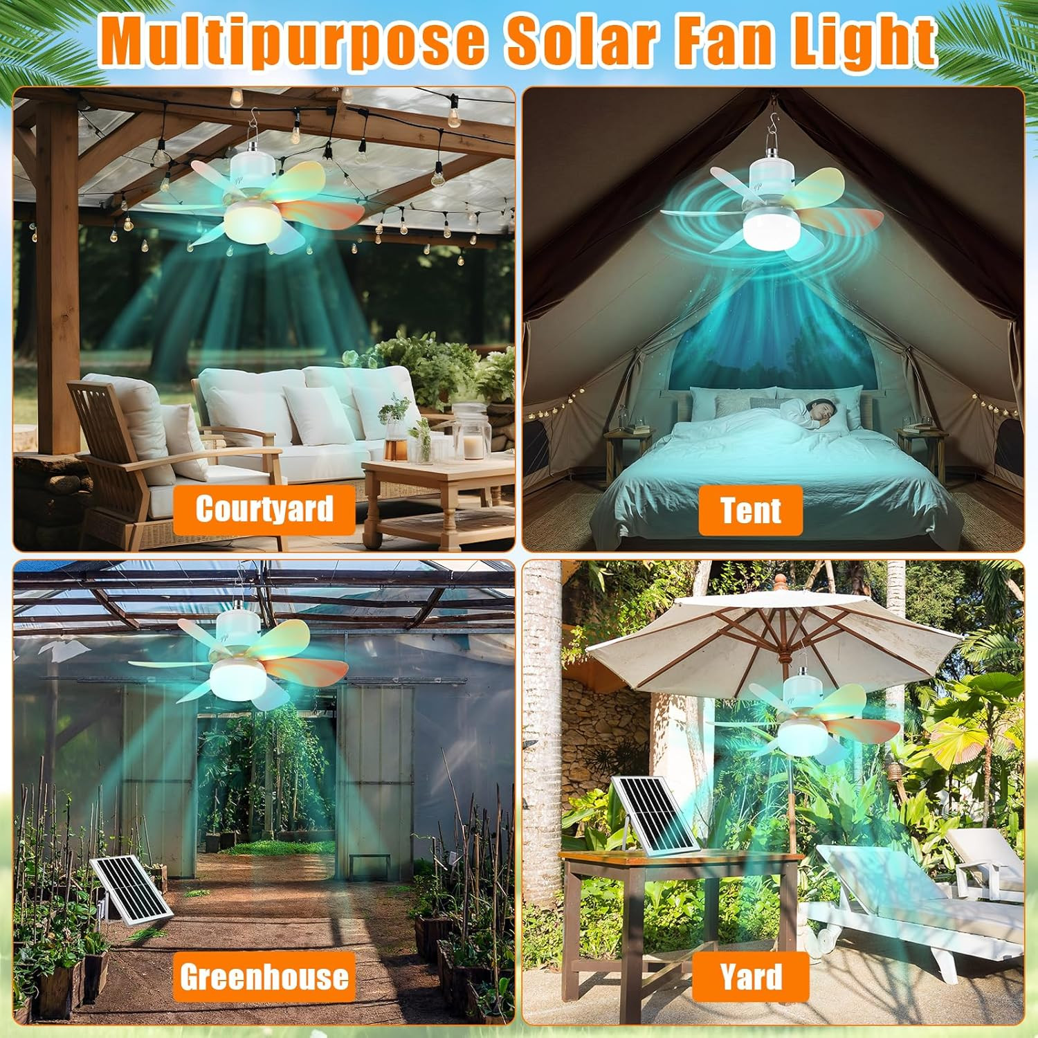 2 Set Solar Powered Ceiling Fan with Light, 17.7 in Outdoor Portable Hanging Fan