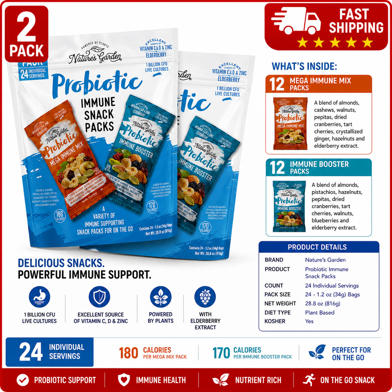 2PACK Nature’s Garden Probiotic Immune Booster Trail Mix Variety Pack 24CT