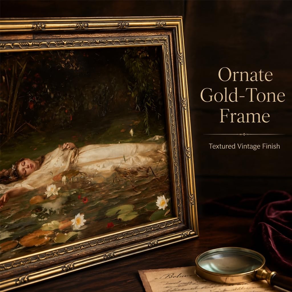 Vintage Gold Framed Ophelia Wall Art, Romantic Victorian Gothic Oil Painting Can