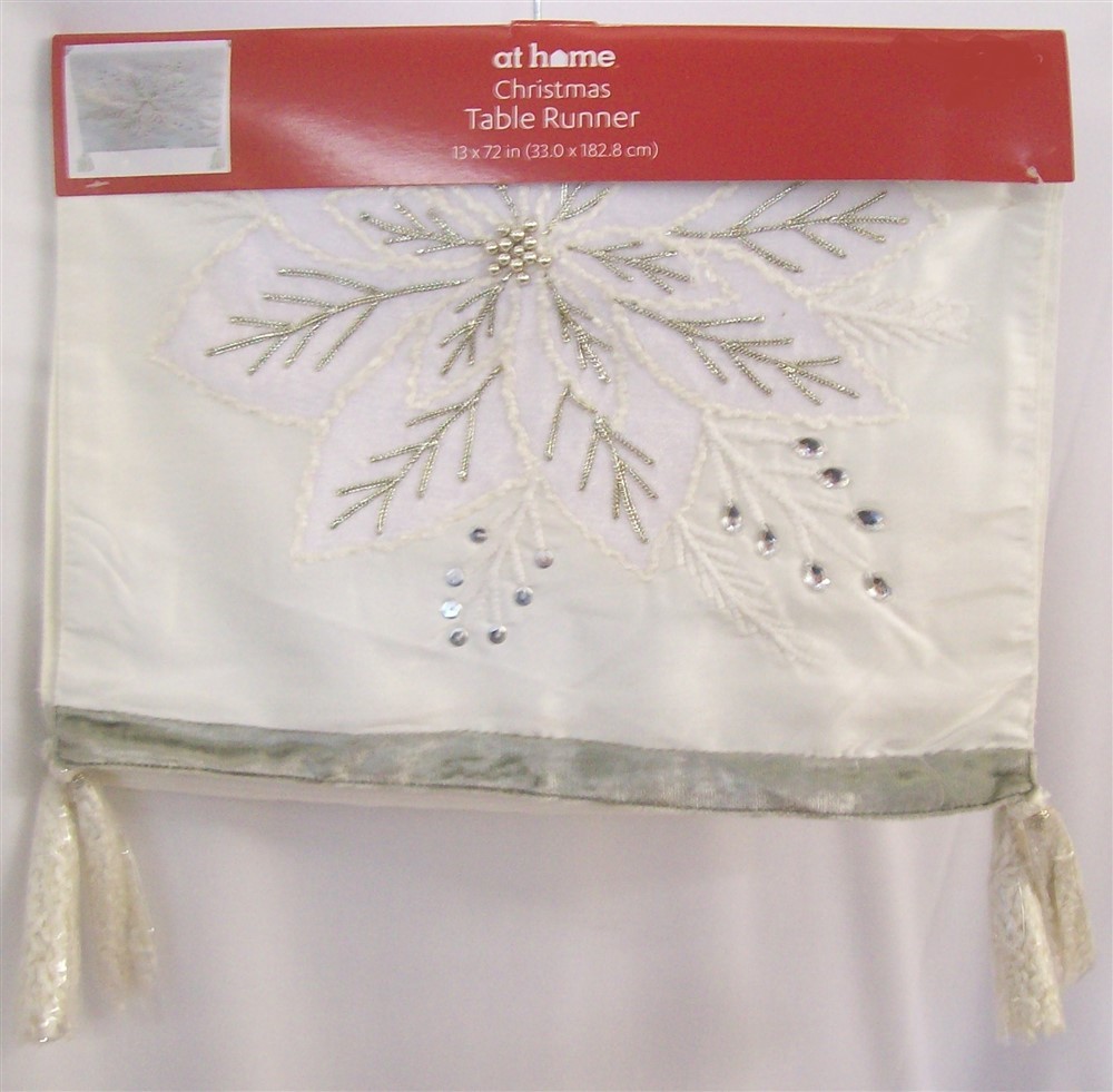 NEW Christmas Table Runner White Silver Poinsettia Tassels on Ends 72″ L x 13″ W