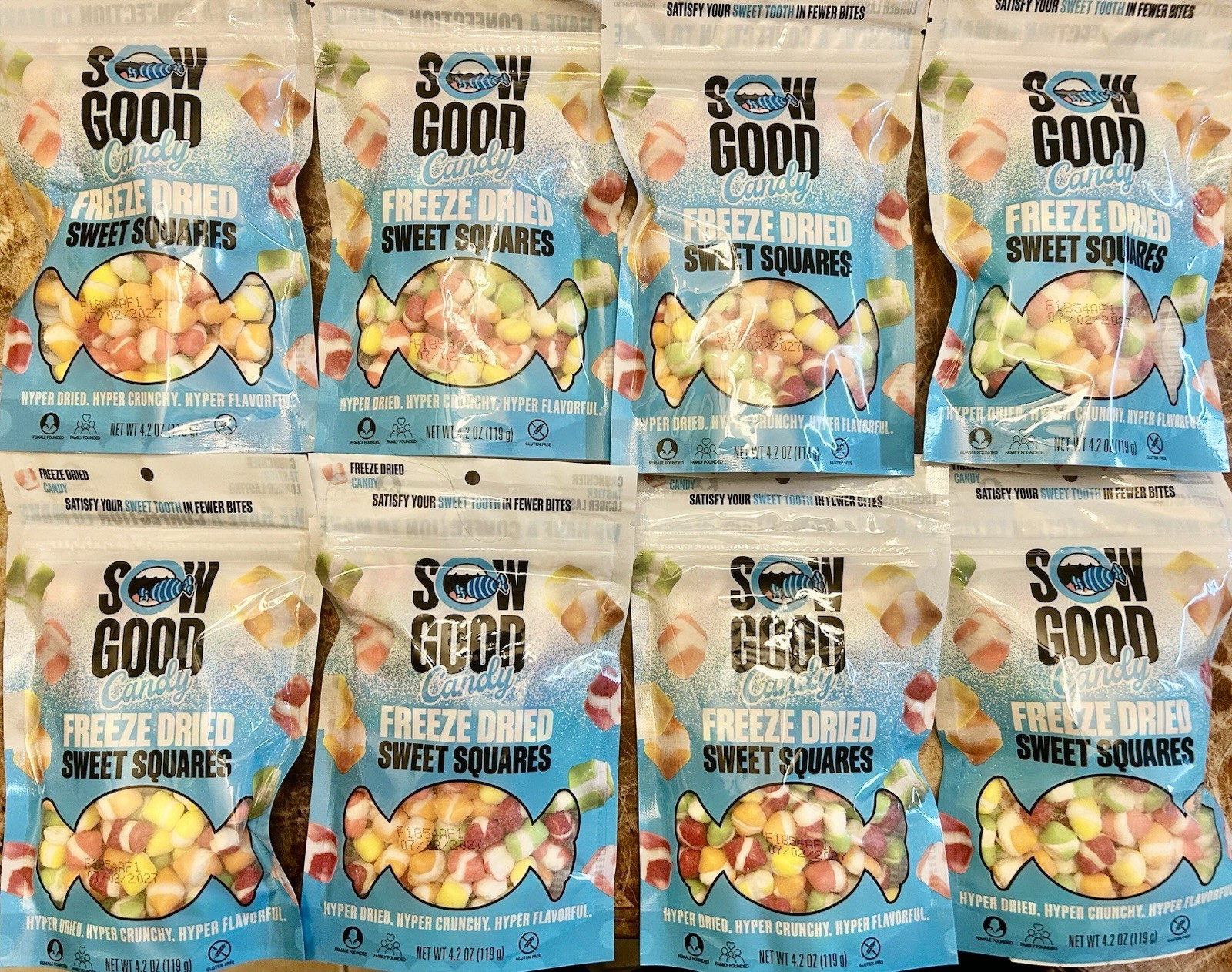 8 Sow Good Freeze Dried Sweet Candy Squares Bags 4.2 Oz. Each BB 07/27