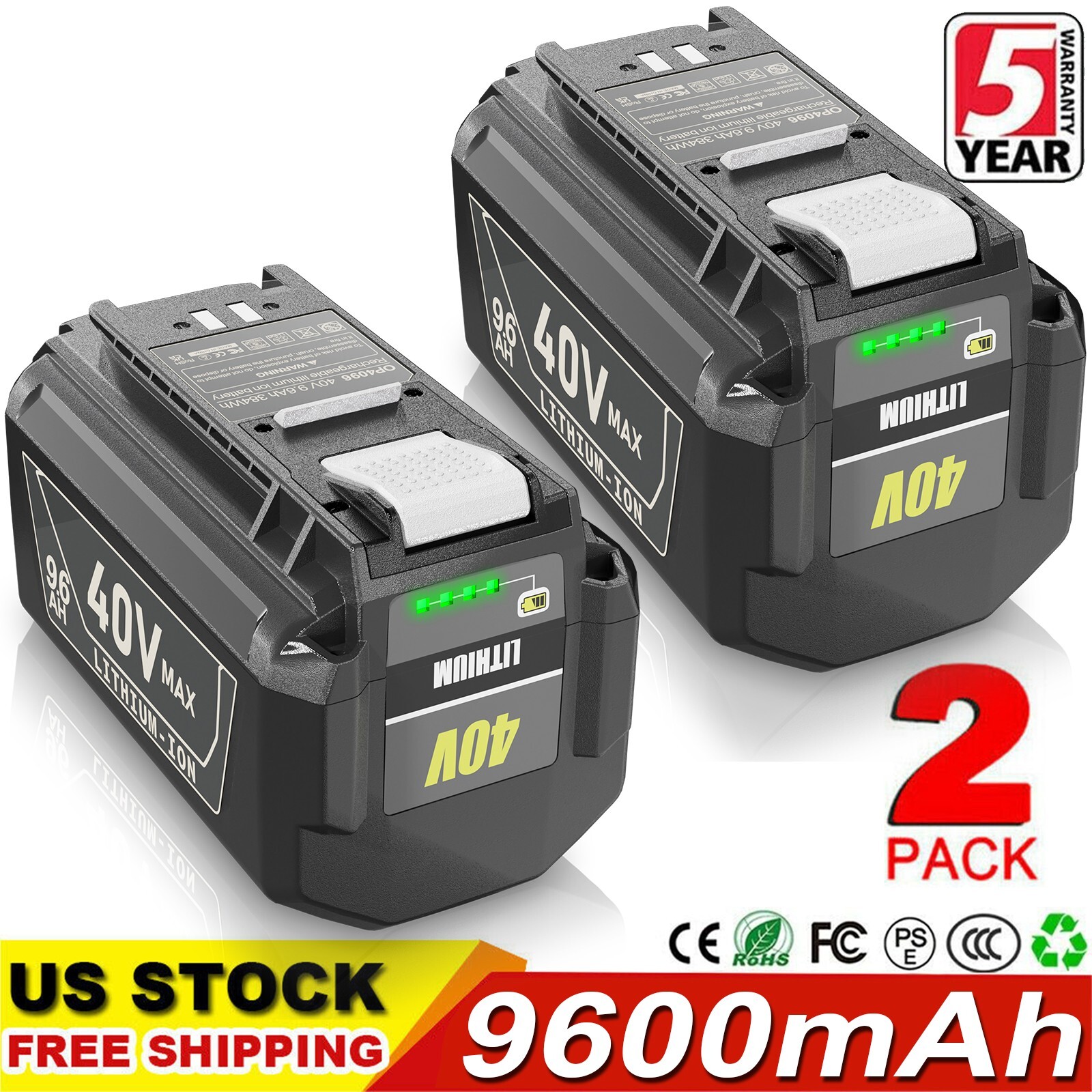 2 pack For Ryobi 40V Lithium-ion 9.6Ah High Capacity NEW Battery OP40602 OP40601