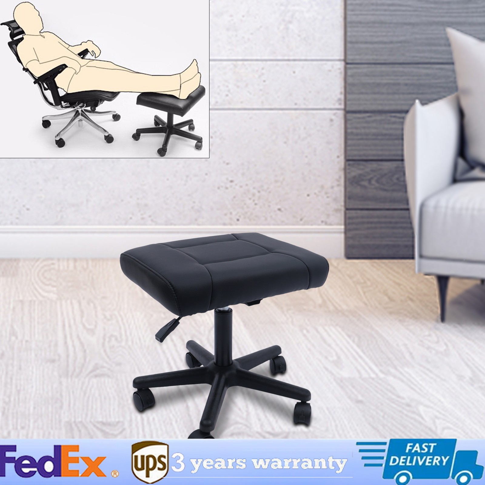 Adjustable Leather Footrest Stool 40–51 cm Height 42 × 33 cm 360° Swivel Wheels