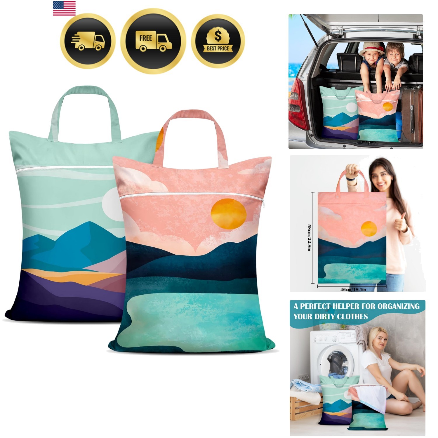 2 Pcs Large Travel Laundry Bags – Waterproof with Handle, Washable Dirty Clot…