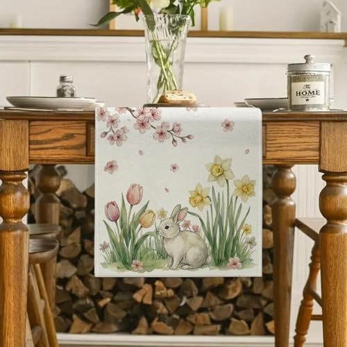 Spring Easter Bunny Table Runner 13×72 Cherry Blossom Easter Bunny 13″W x 72″L