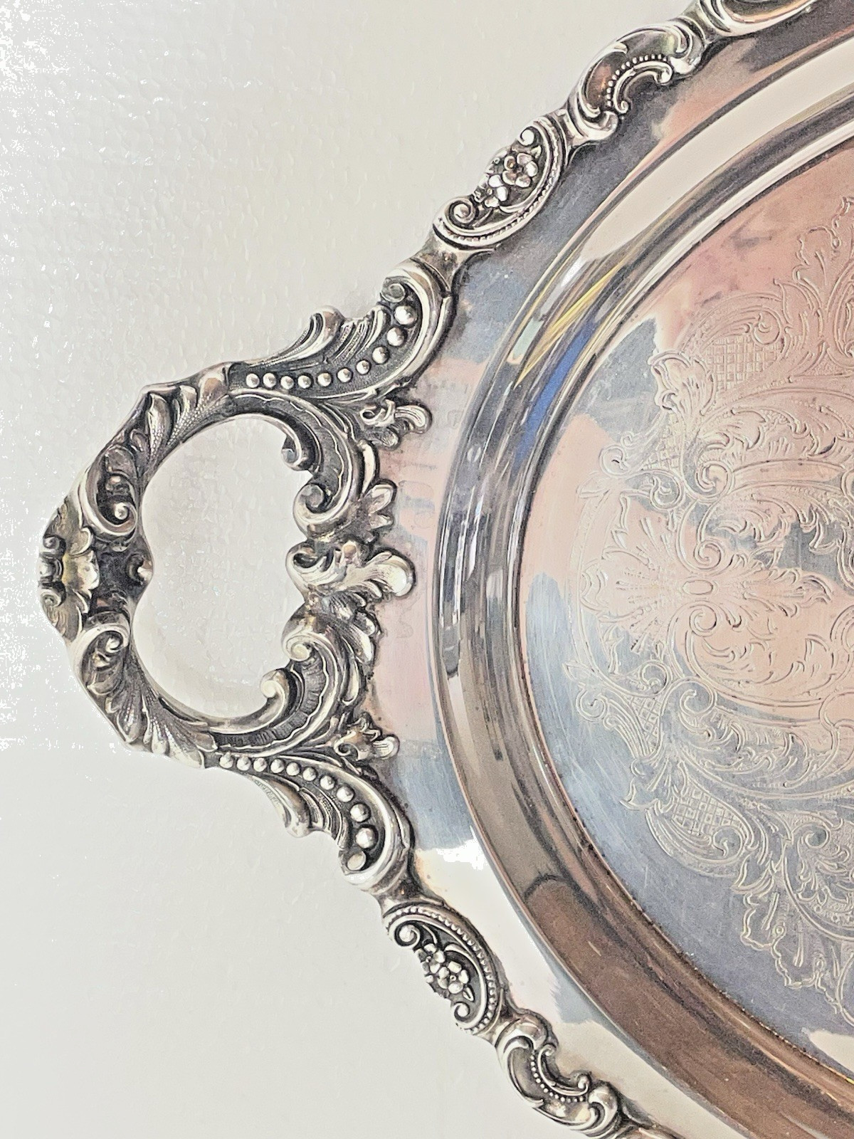LARGE ANTIQUE WALLACE SILVER PLATED ETCHED BUTLERS TRAY HANDLED ORNATE 18″x28″