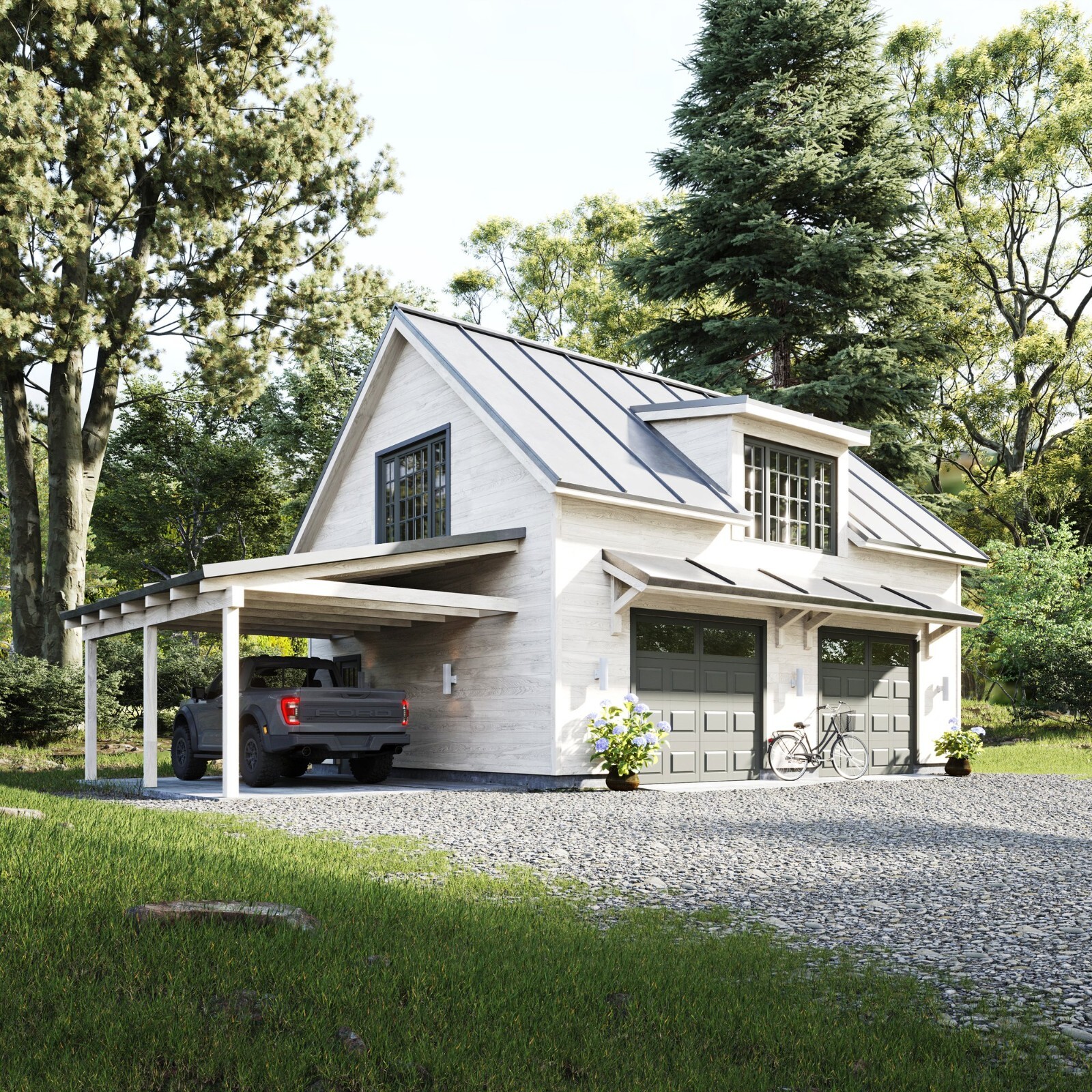 Traditional 2-car Detached Garage Plan with Attic and Carport