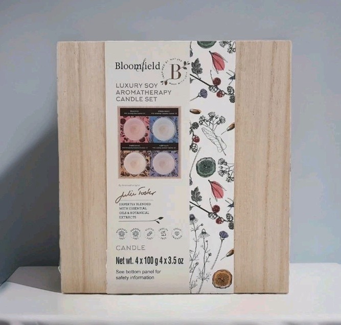 Luxury Aromatherapy Soy Candle 4 pack Gift Set with Wooden Box Bloomfield