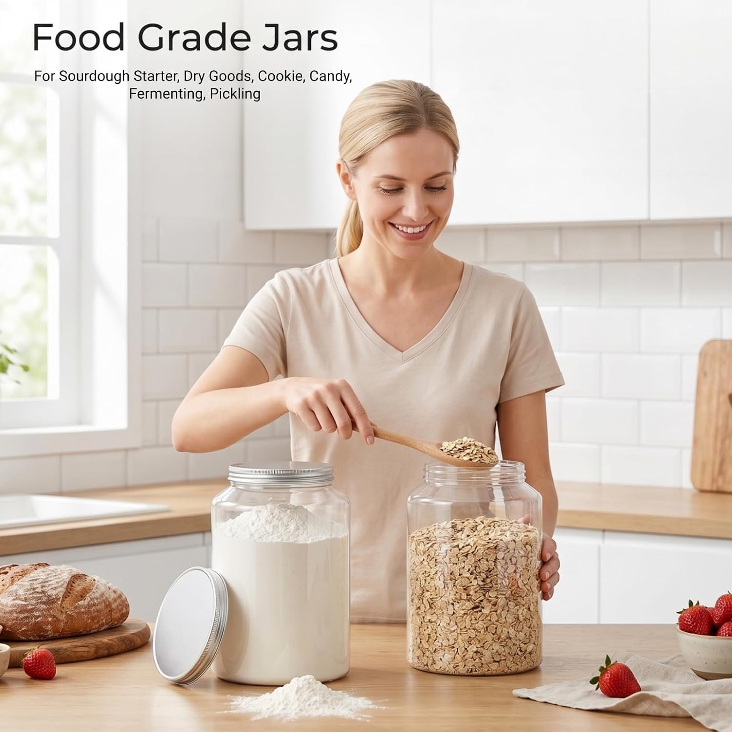 2 Pack 1 Gallon Clear Plastic Jars, Large Food Storage Containers with Alumin…