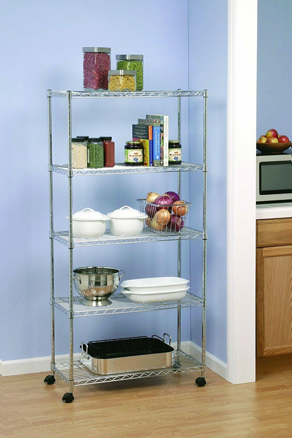 3/5 Tier Shelf Adjustable Wire Microwave Oven Metal Shelving Rack with Wheels