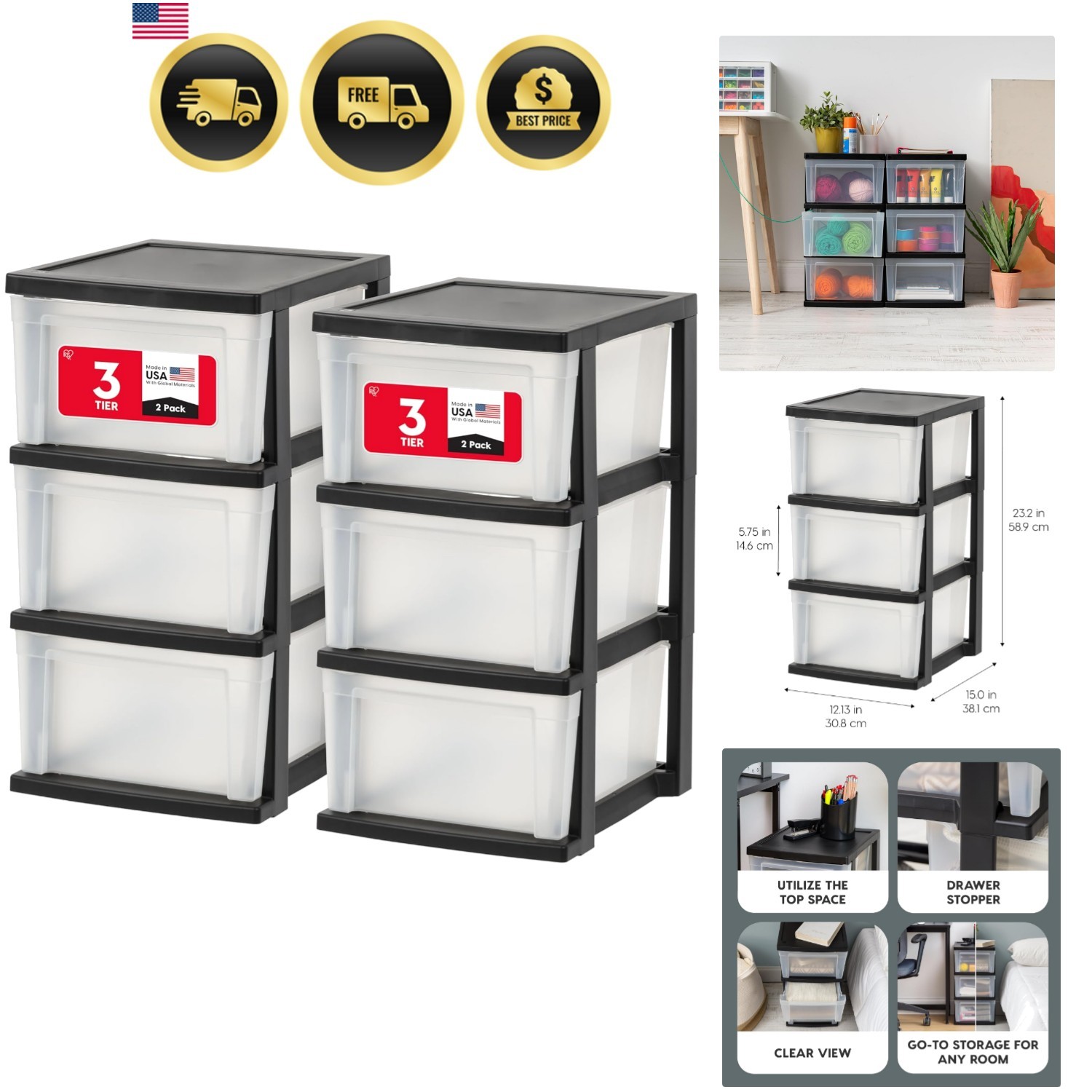 Plastic Drawer Storage Organizer, 3-Drawers, 2-Pack, for Classroom Art Craft …