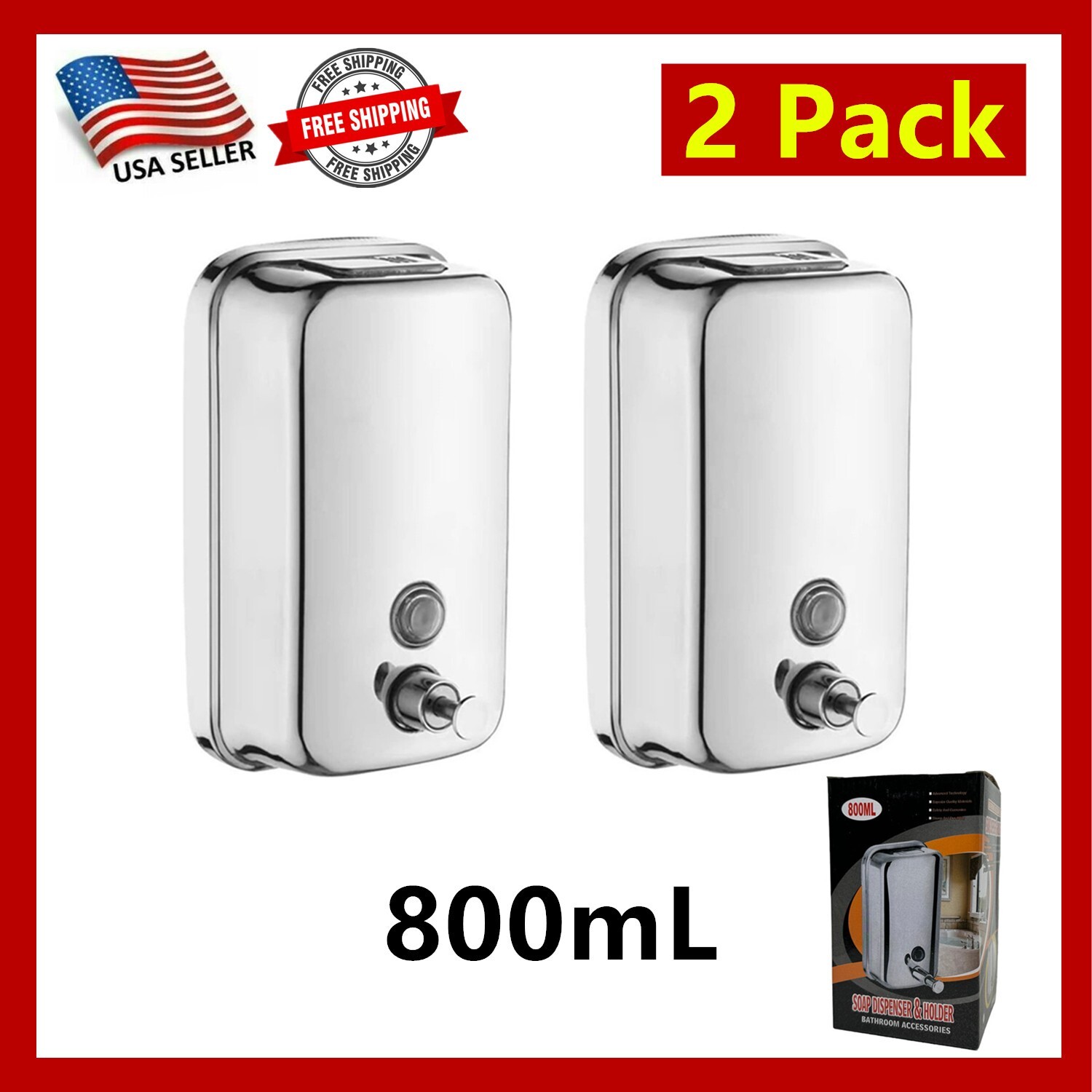 2 Pack Soap Dispenser Wall Mount Stainless Steel Manual Liquid Pump (800mL/27oz)
