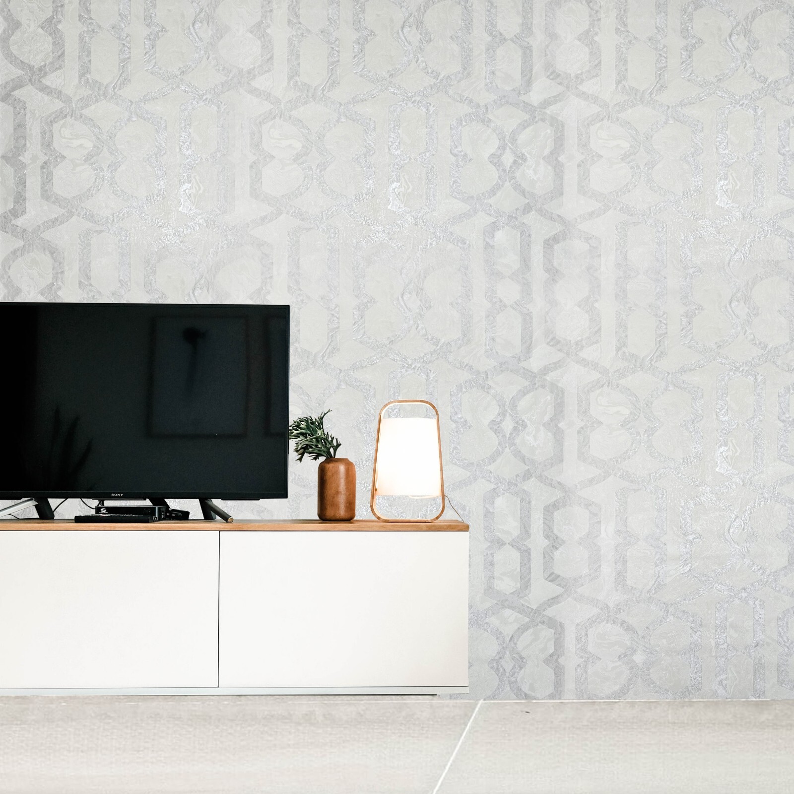 White cream tan silver trellis lines faux liquid art marble textured Wallpaper