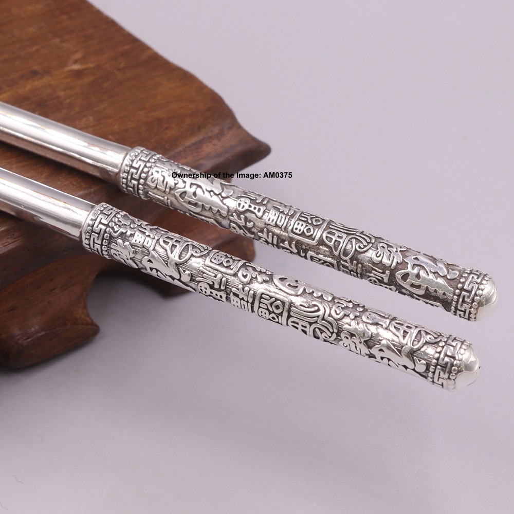 Solid 999 Fine Silver Chinese Fu Character Chopsticks Health Tableware Daily Use