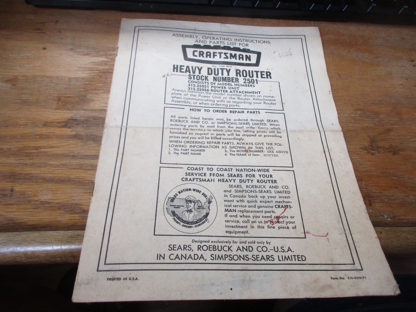 Vintage SEARS CRAFTSMAN Assembly Operating Instructions Parts List Router 2501