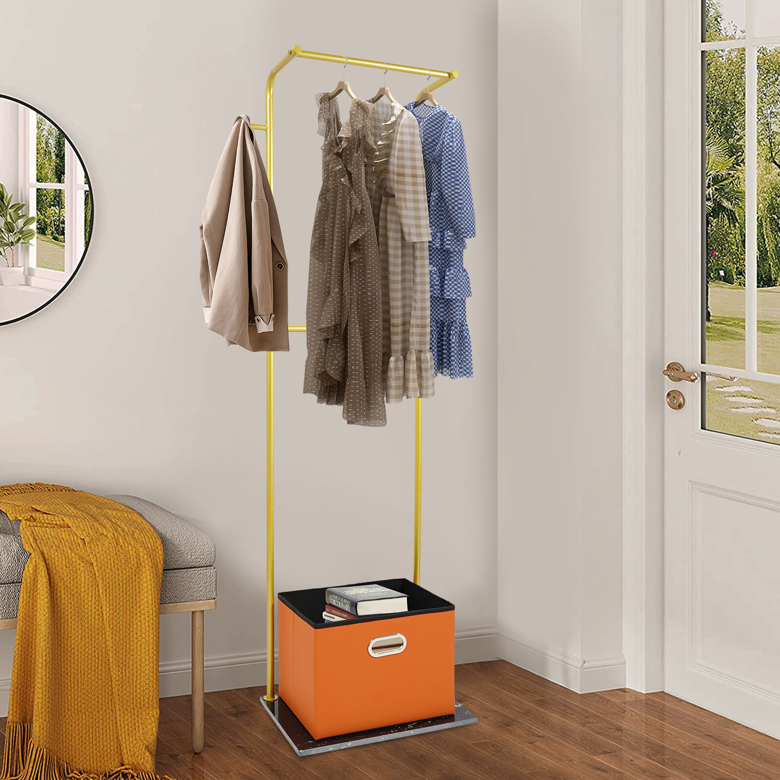Freestanding Clothes Rack with Storage Basket, Metal Clothes Rack 67.72in Height