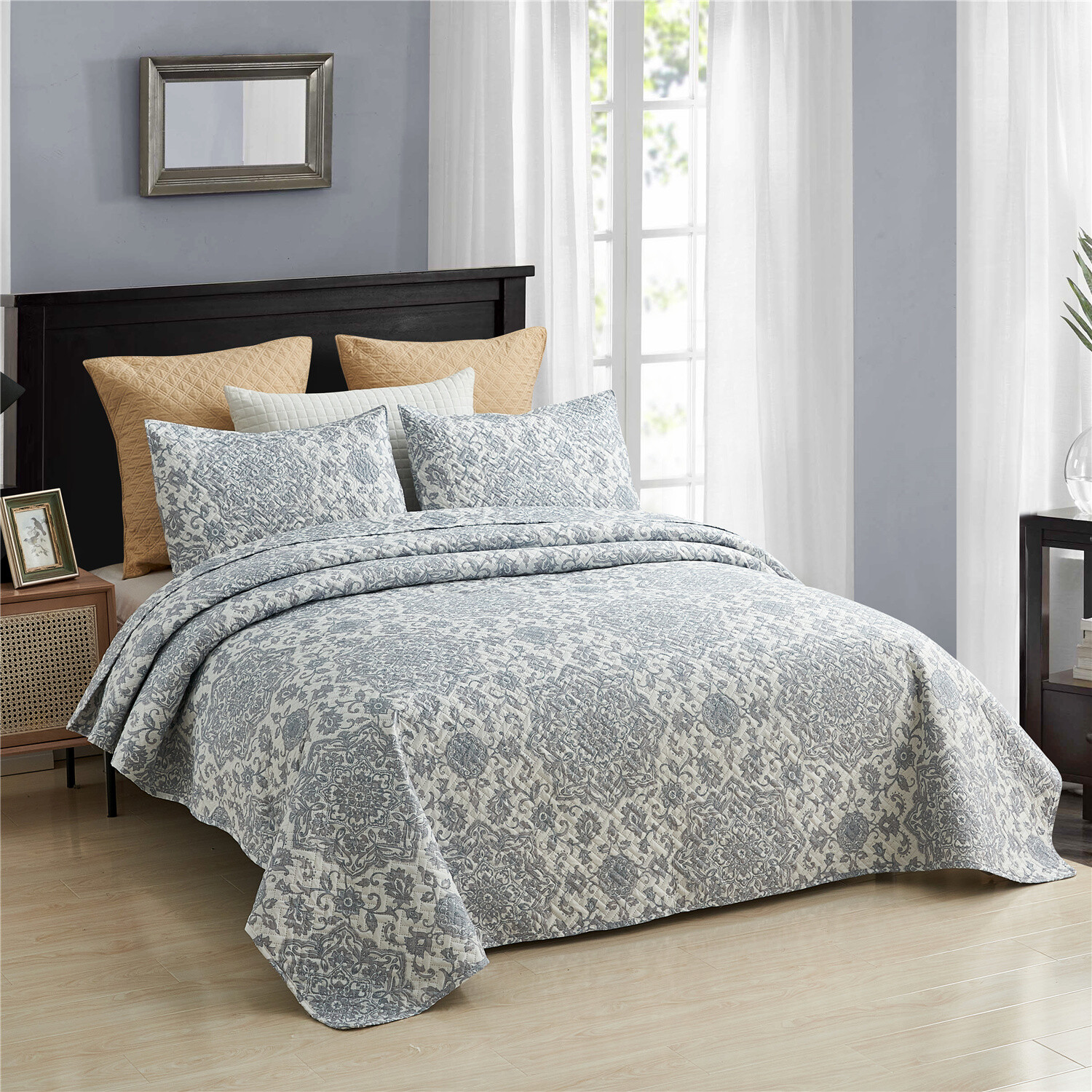 3PCS Queen King Quilt Bedspread Set Floral Patchwork Reversible Coverlet Bedding