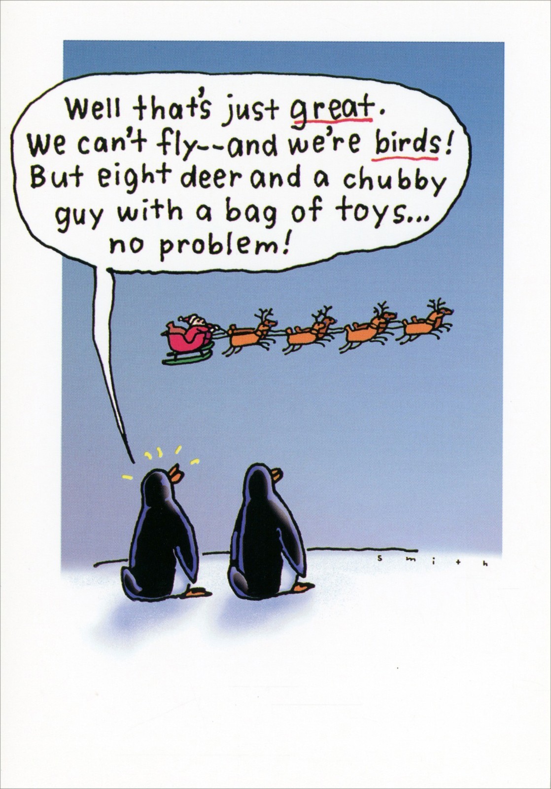 Funny CHRISTMAS Card, Penguins Watch Santa Sleigh by Hallmark Shoebox + Envelope