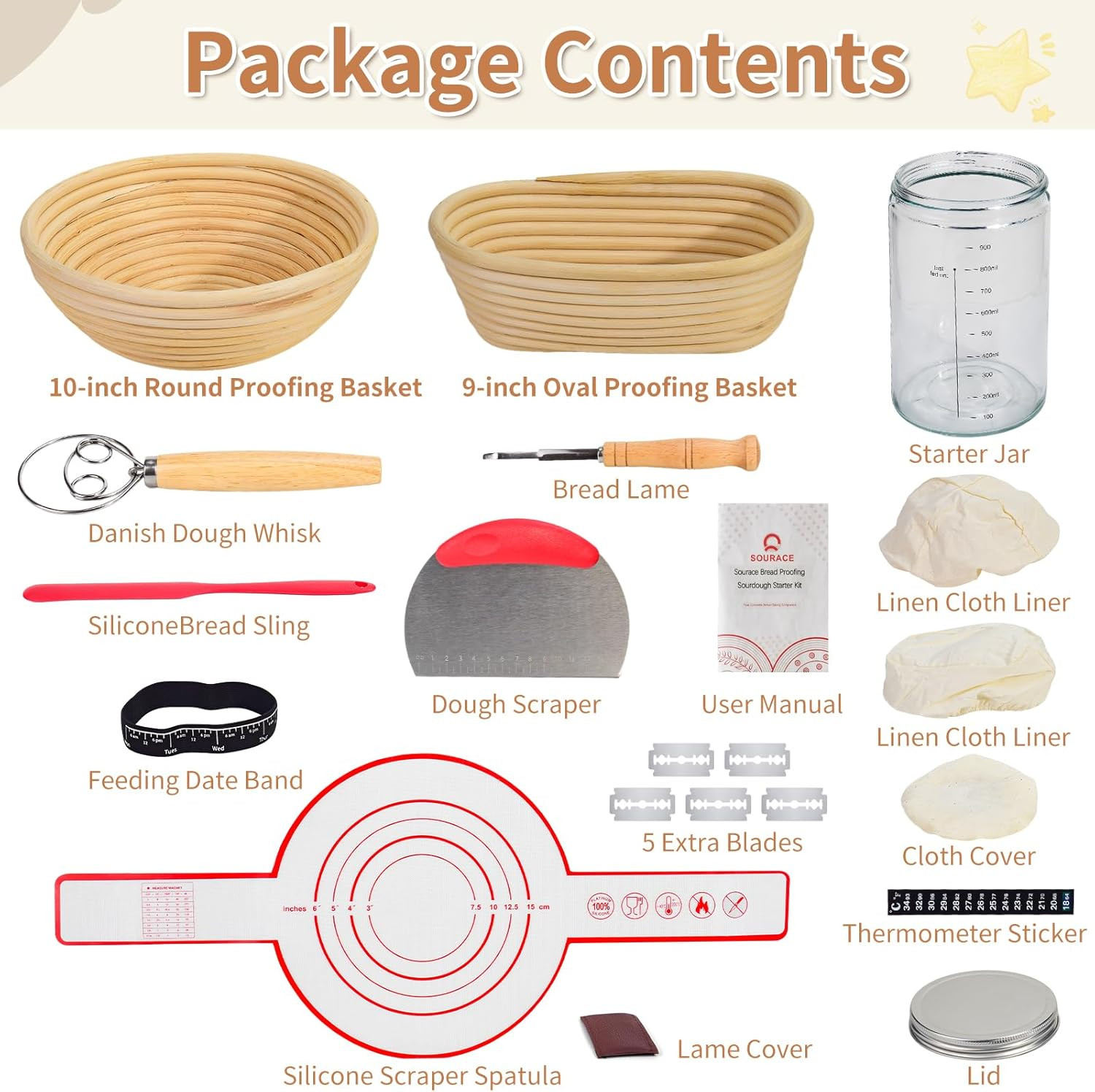 Banneton Bread Proofing Basket Set, Sourdough Starter Kit,Round & Oval