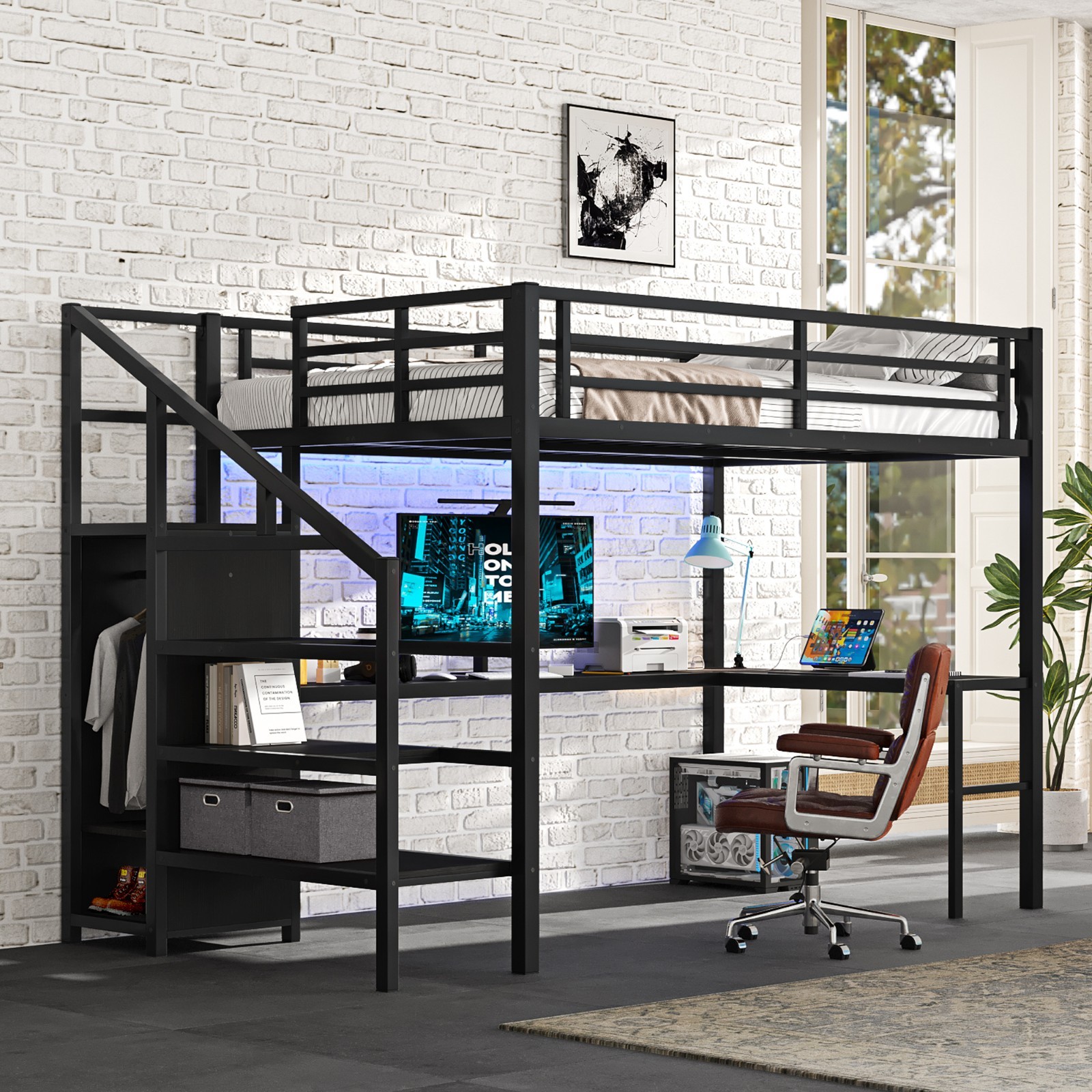 Full Size Metal Loft Bed with L-shaped Desk and USB for Kids Teens Adults Black