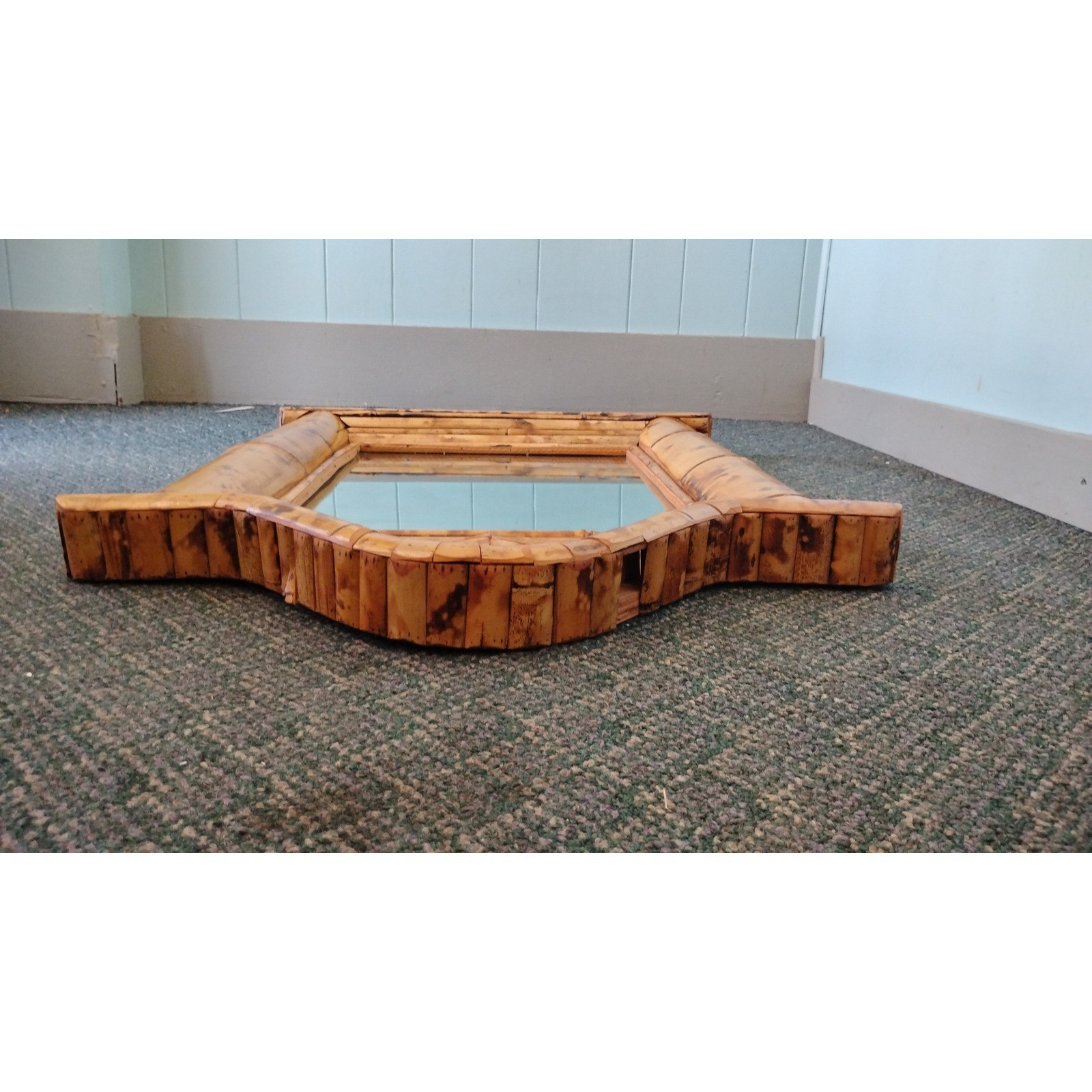 Burnt Split Bamboo Wall Mirror Pediment Top Boho 32×25 Tiki 60s Unique Large