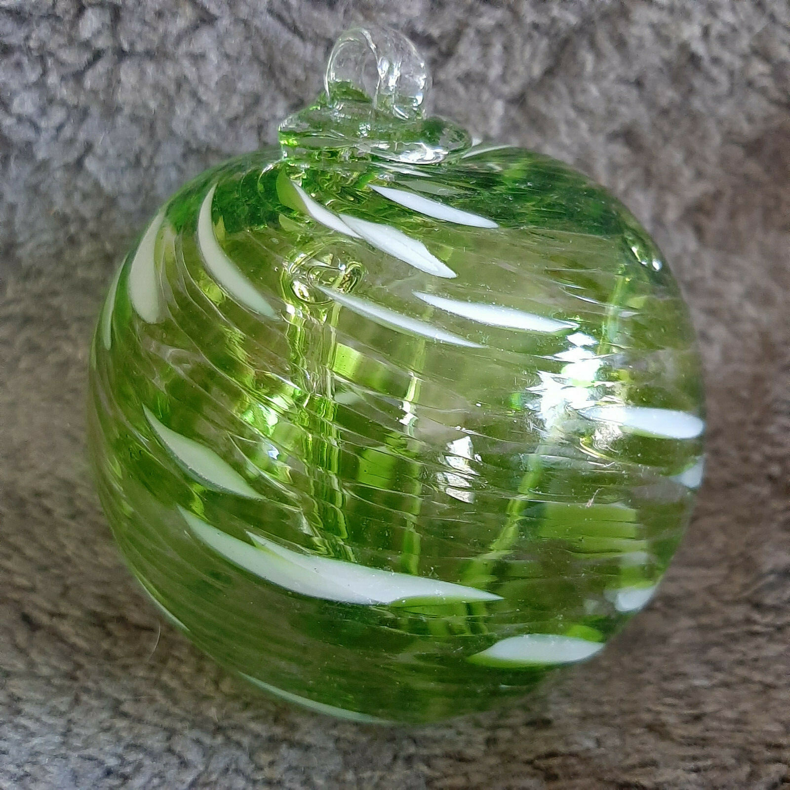 Hanging Glass Ball 4″ Diameter Peridot Green & White Witch Ball (1) #114