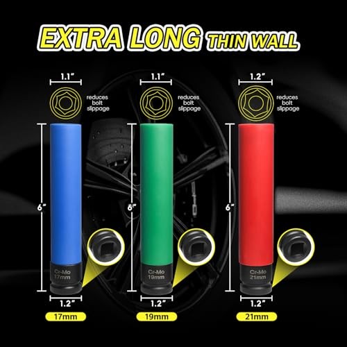 3 PCS Extra Long Lug Nut Socket Set, 1/2″ Drive Impact Sockets, 17mm 19mm 21mm